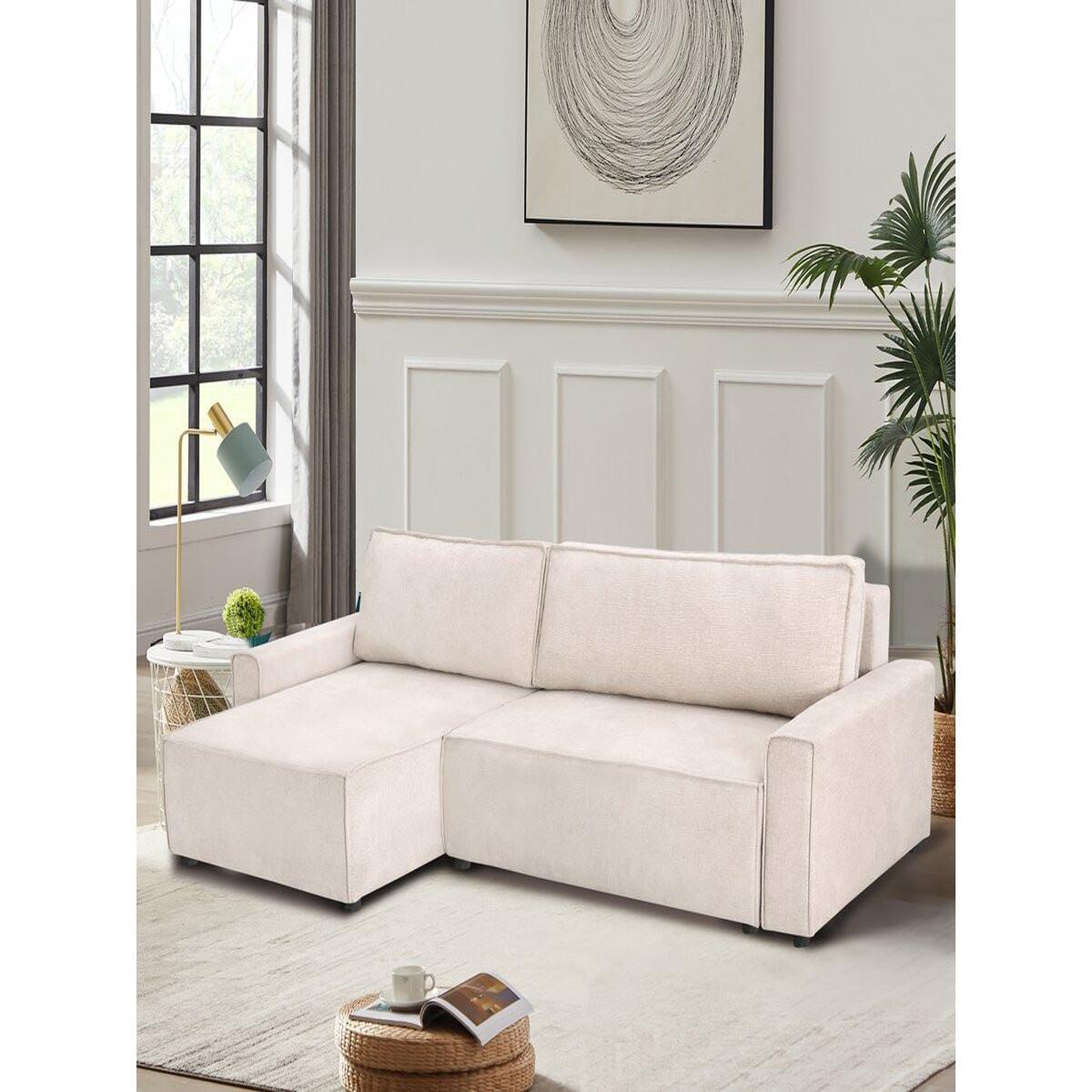 Voir la diapositive 2 : Habitat et Jardin Canapé d'angle convertible en tissu texturé  montaigne  - 4 places - beige