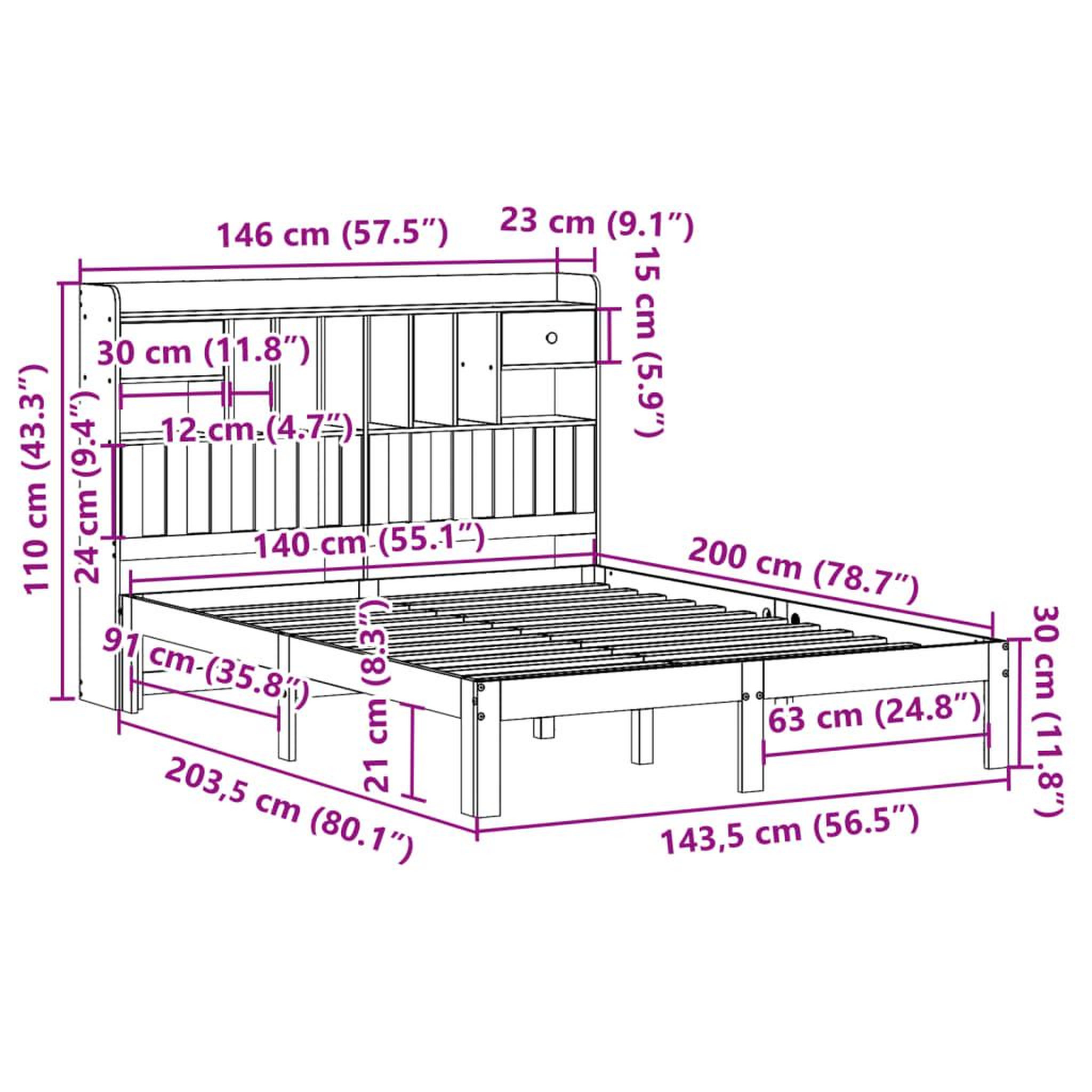 Voir la diapositive 6 : VIDAXL Lit bibliotheque sans matelas blanc 140x200 cm bois pin massif