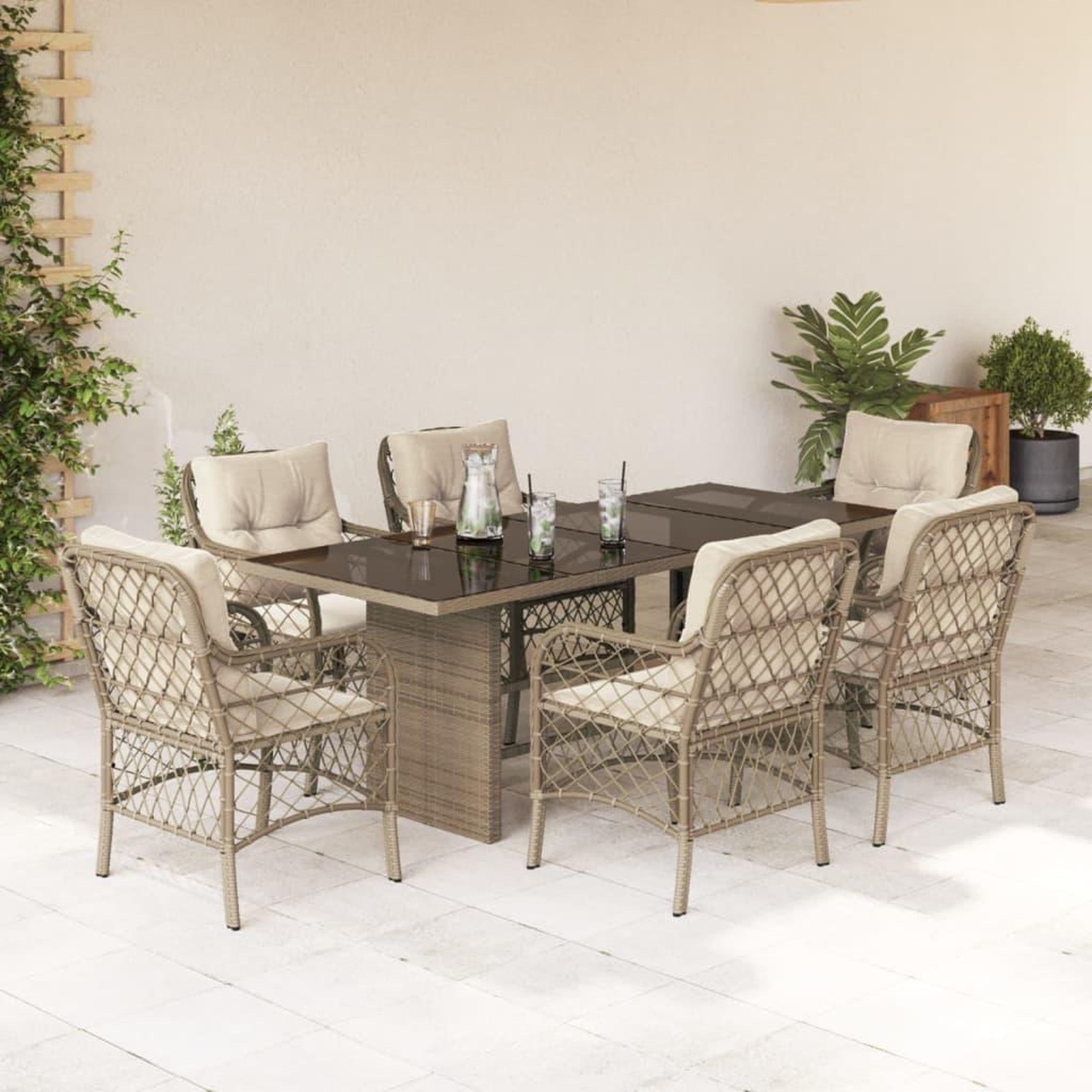 VIDAXL Ensemble a manger de jardin et coussins 7 pcs beige poly rotin