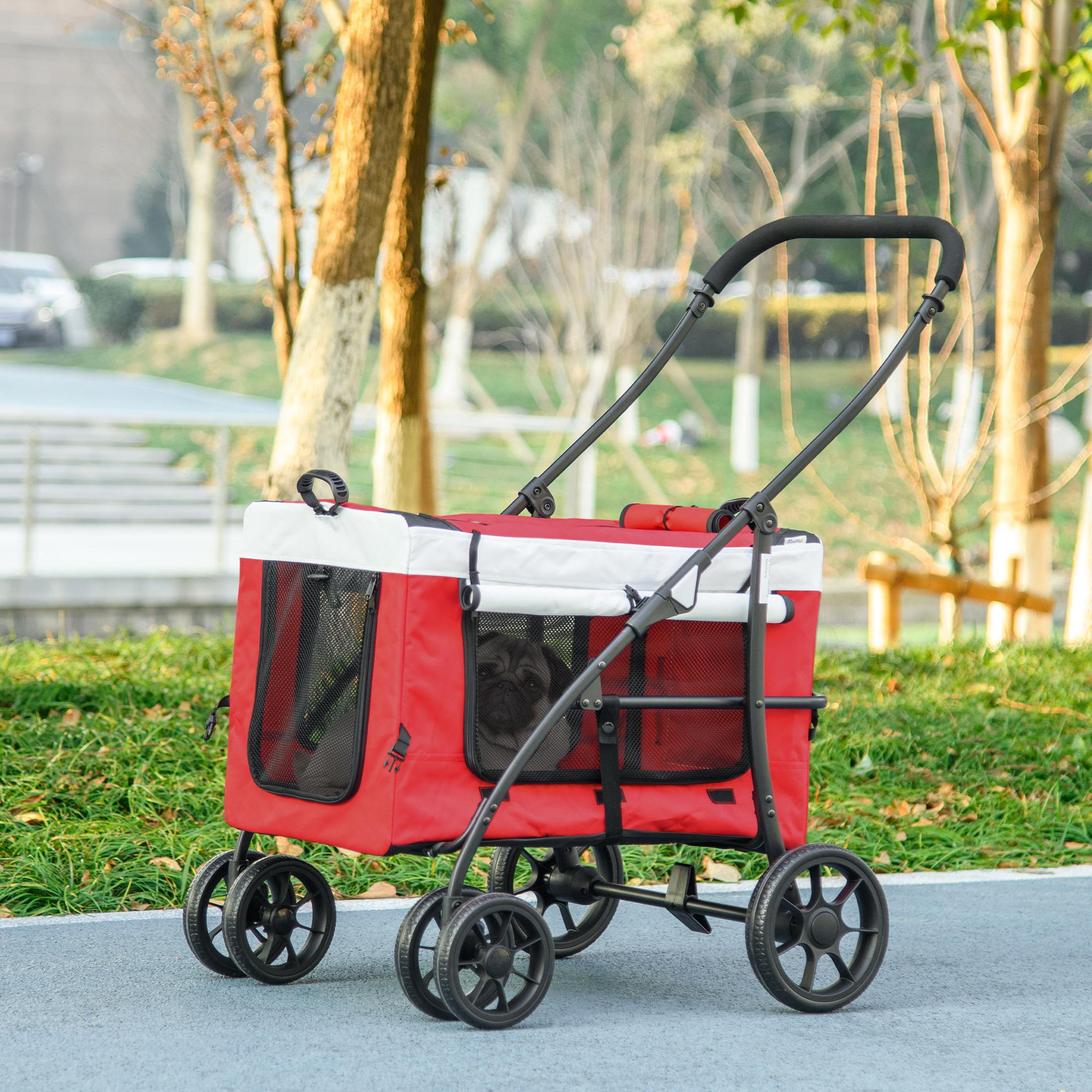 Voir la diapositive 2 : PAWHUT Poussette pliable animaux chien chat nacelle amovible 4 roues rouge