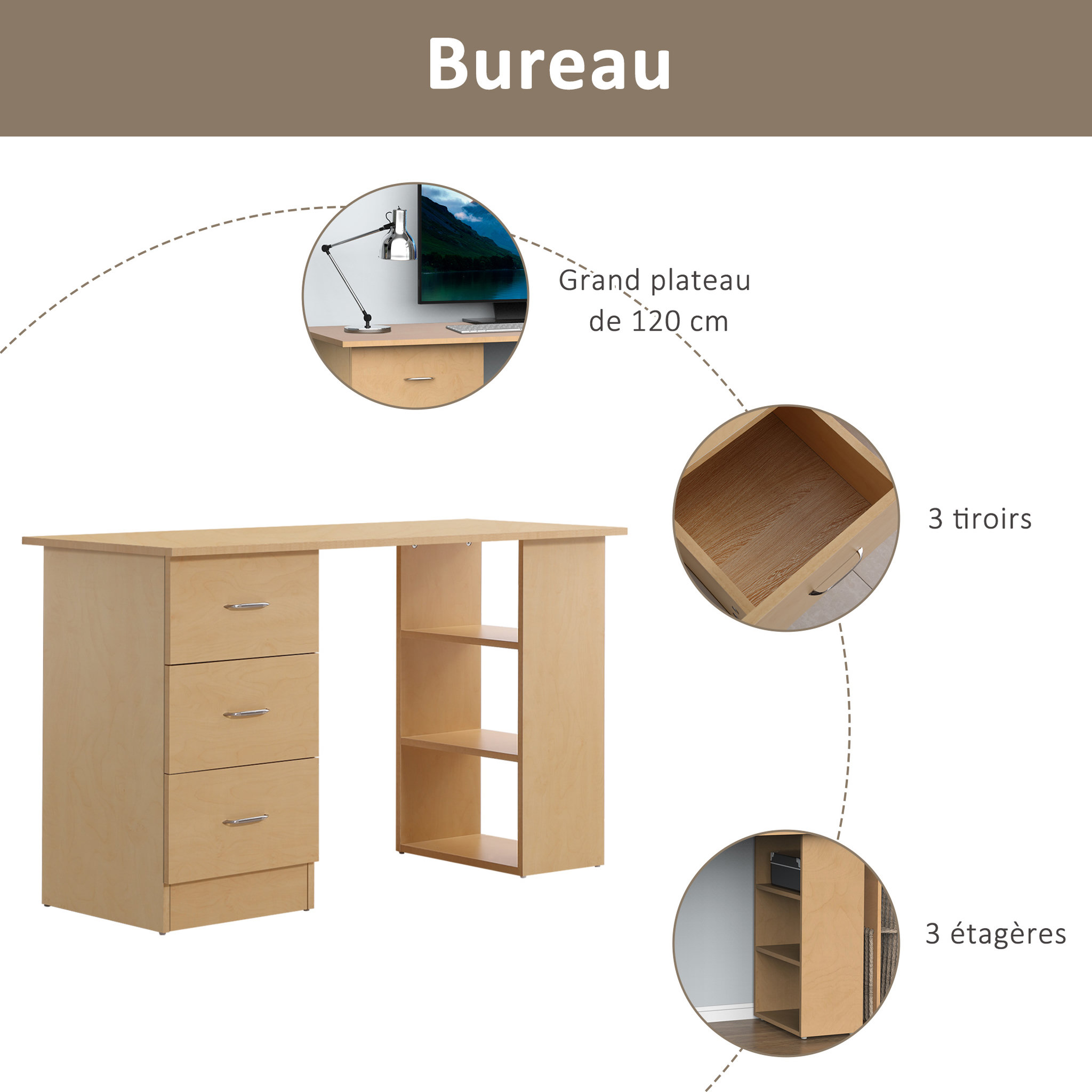 Voir la diapositive 4 : HOMCOM Bureau informatique table multi-fonctions 3 tiroirs 2 étagères dim. 120L x 49l x 72H cm MDF aspect bois clair