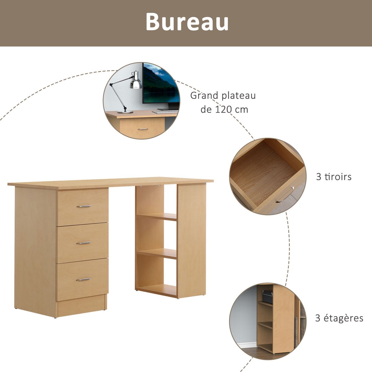 HOMCOM Bureau informatique table multi-fonctions 3 tiroirs 2 étagères dim. 120L x 49l x 72H cm MDF aspect bois clair