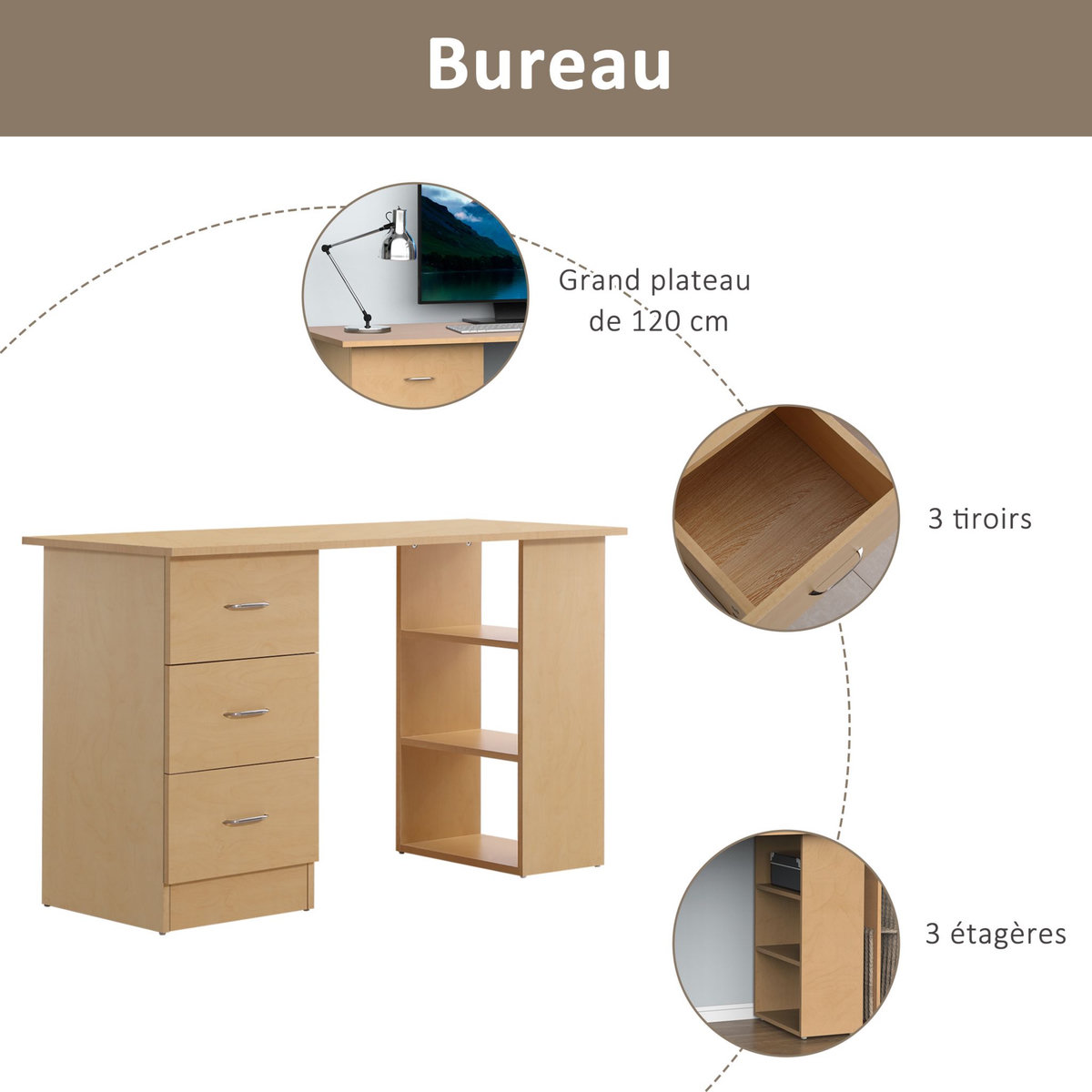 HOMCOM Bureau informatique table multi-fonctions 3 tiroirs 2 étagères dim. 120L x 49l x 72H cm MDF aspect bois clair