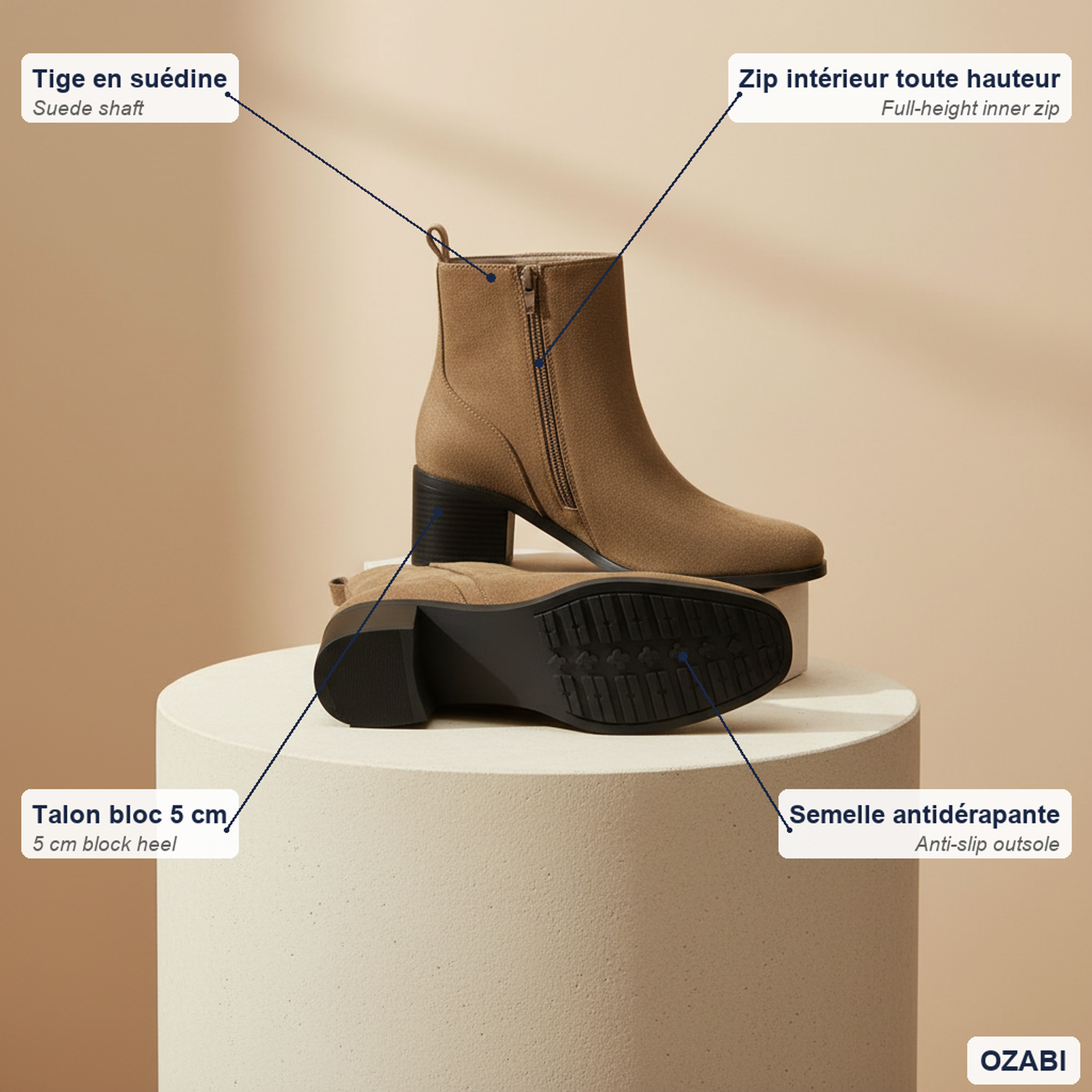 Voir la diapositive 4 : OZABI Ozabi bottines femme suédine zippée talon bloc 5 cm bout arrondi