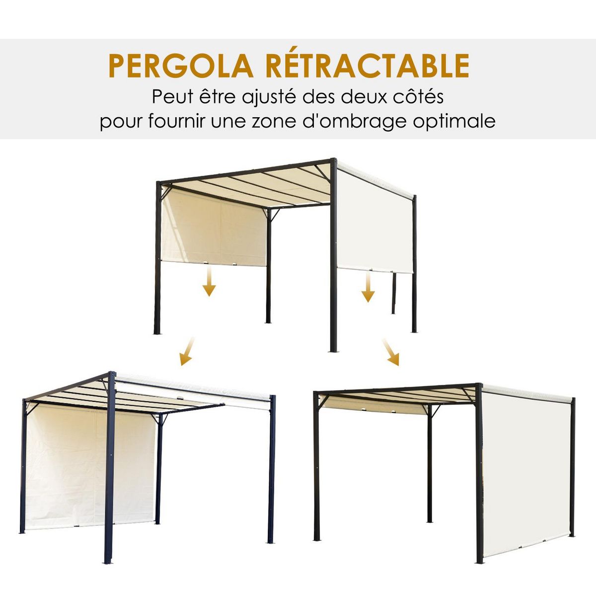 OUTSUNNY Pergola rétractable dim. 3L x 3l x 2,3H m structure acier époxy anticorrosion noir toile polyester haute densité crème