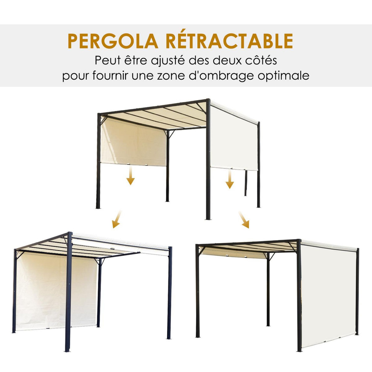 OUTSUNNY Pergola rétractable dim. 3L x 3l x 2,3H m structure acier époxy anticorrosion noir toile polyester haute densité crème