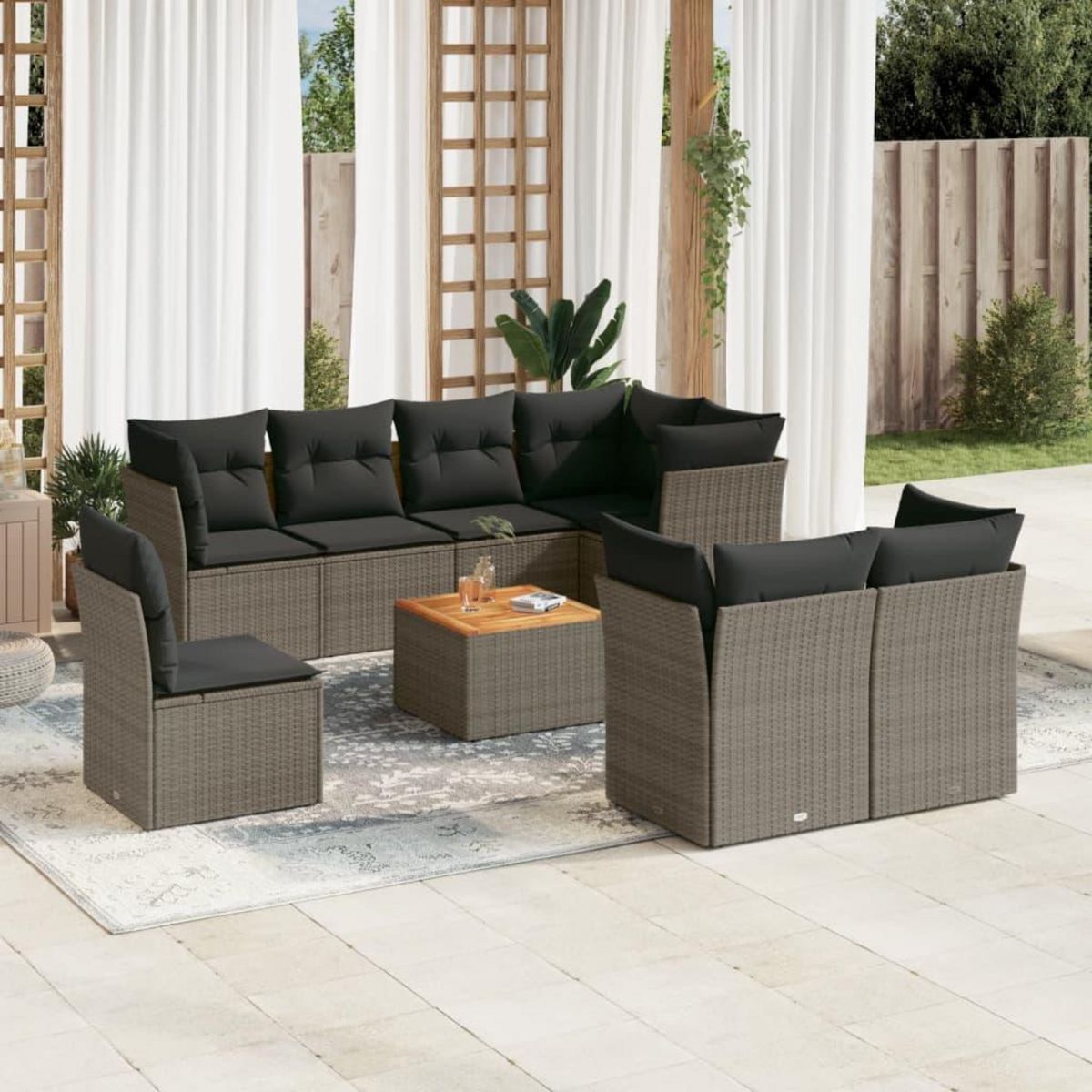 VIDAXL Salon de jardin 9 pcs avec coussins gris resine tressee