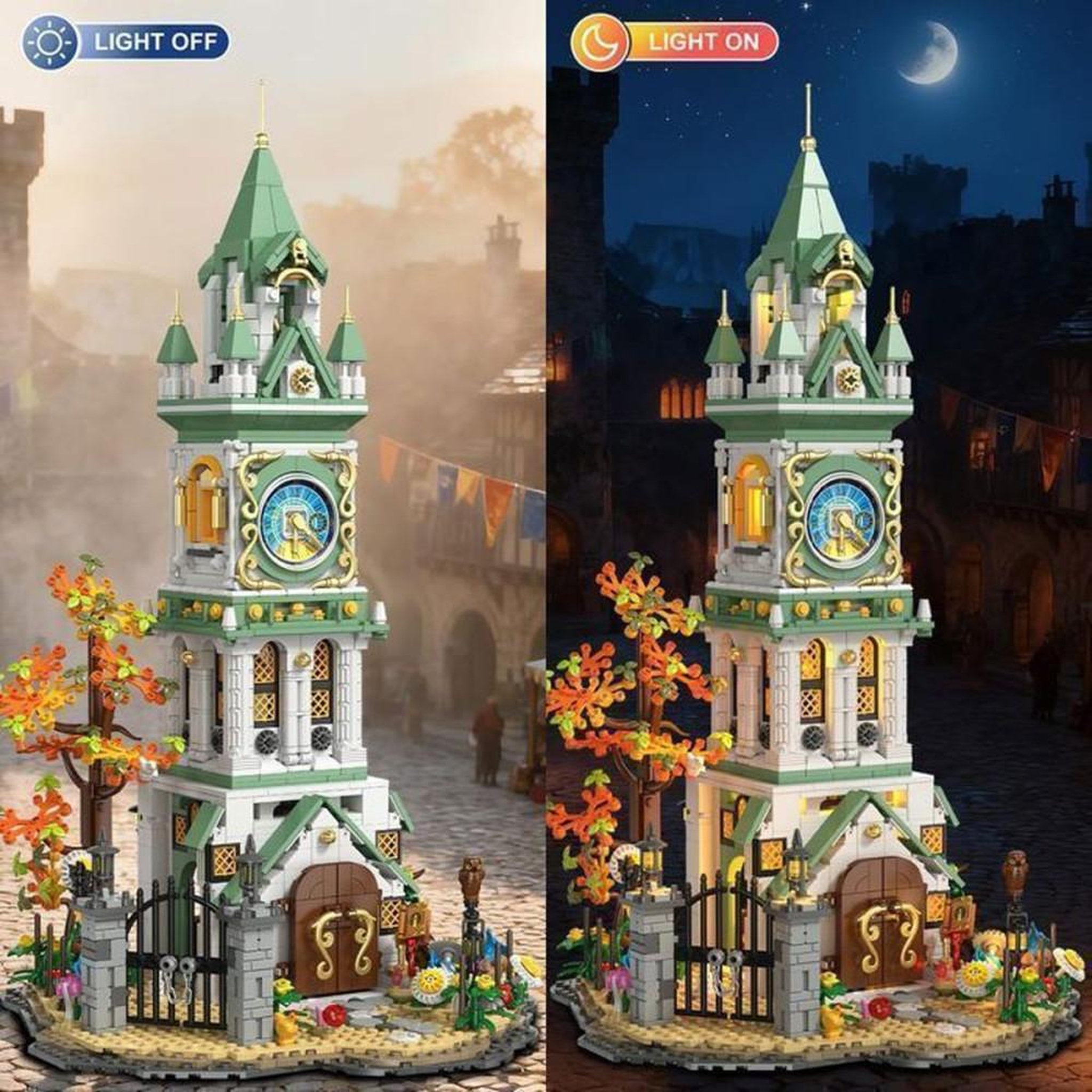 Voir la diapositive 4 : Tour d'Horloge Magique jeu de construction médiéval à LED, mécanisme d'engrenages visible, pendule oscillant, 1566 pièces, décor chateau-fantasy