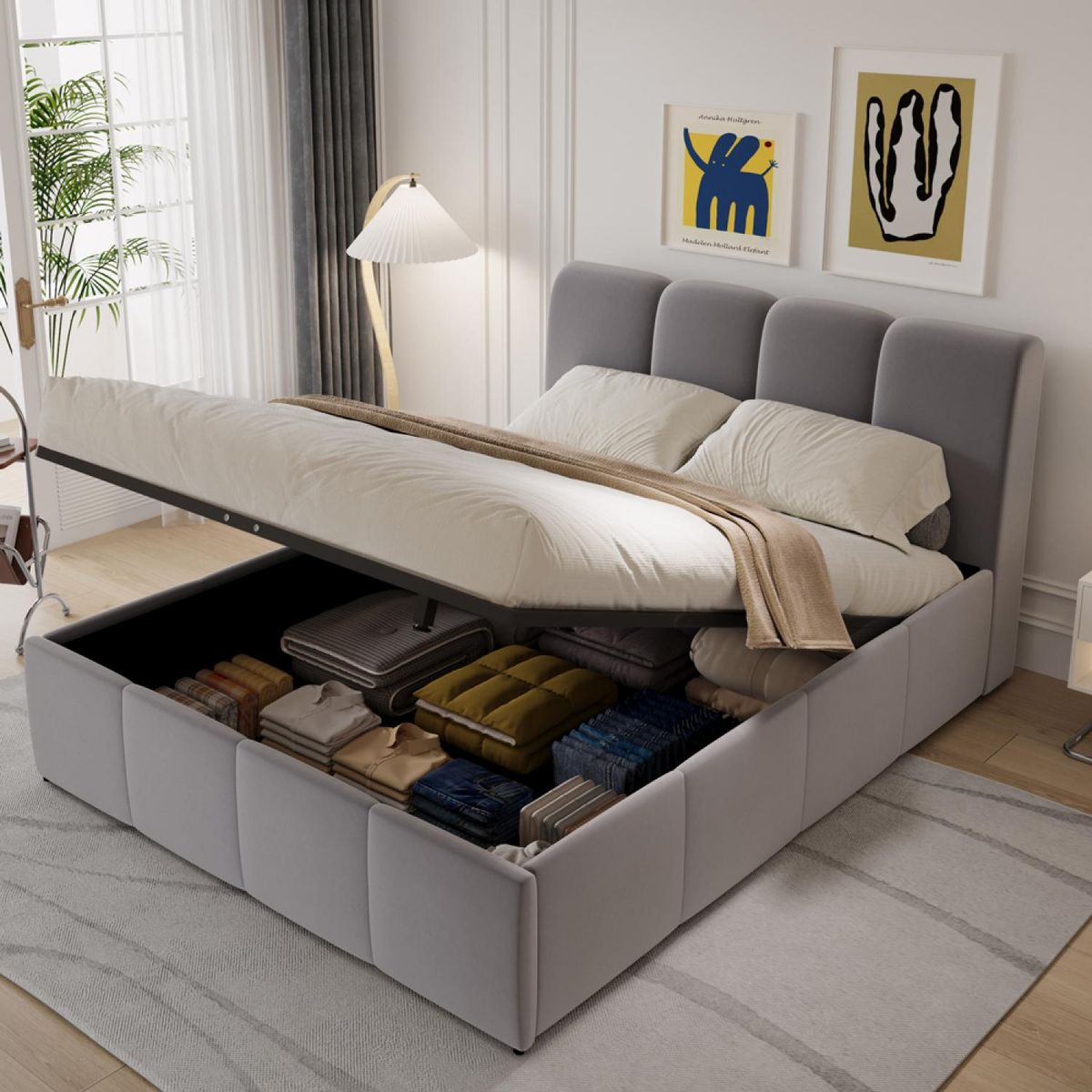 CONCEPT USINE Lit nuage coffre 140x190cm velours gris BALTIMORE