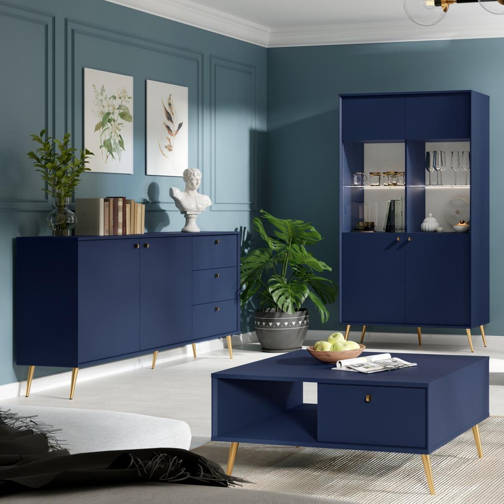 Voir la diapositive 4 : JLC KREATION Buffet bas bleu foncé et pied doré 160cm ezia