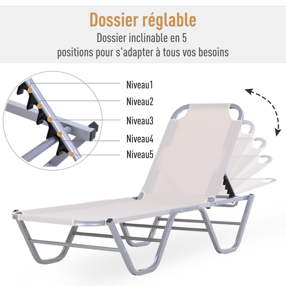 OUTSUNNY Bain de soleil transat design contemporain dossier inclinable multi-positions alu textilène crème