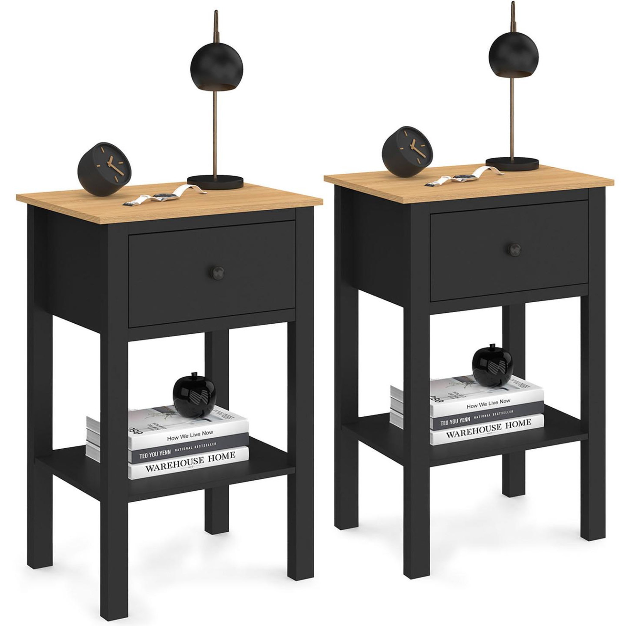 ID MARKET Lot de 2 tables de chevet ACHILLE 1 tiroir et 1 tablette noir et bois