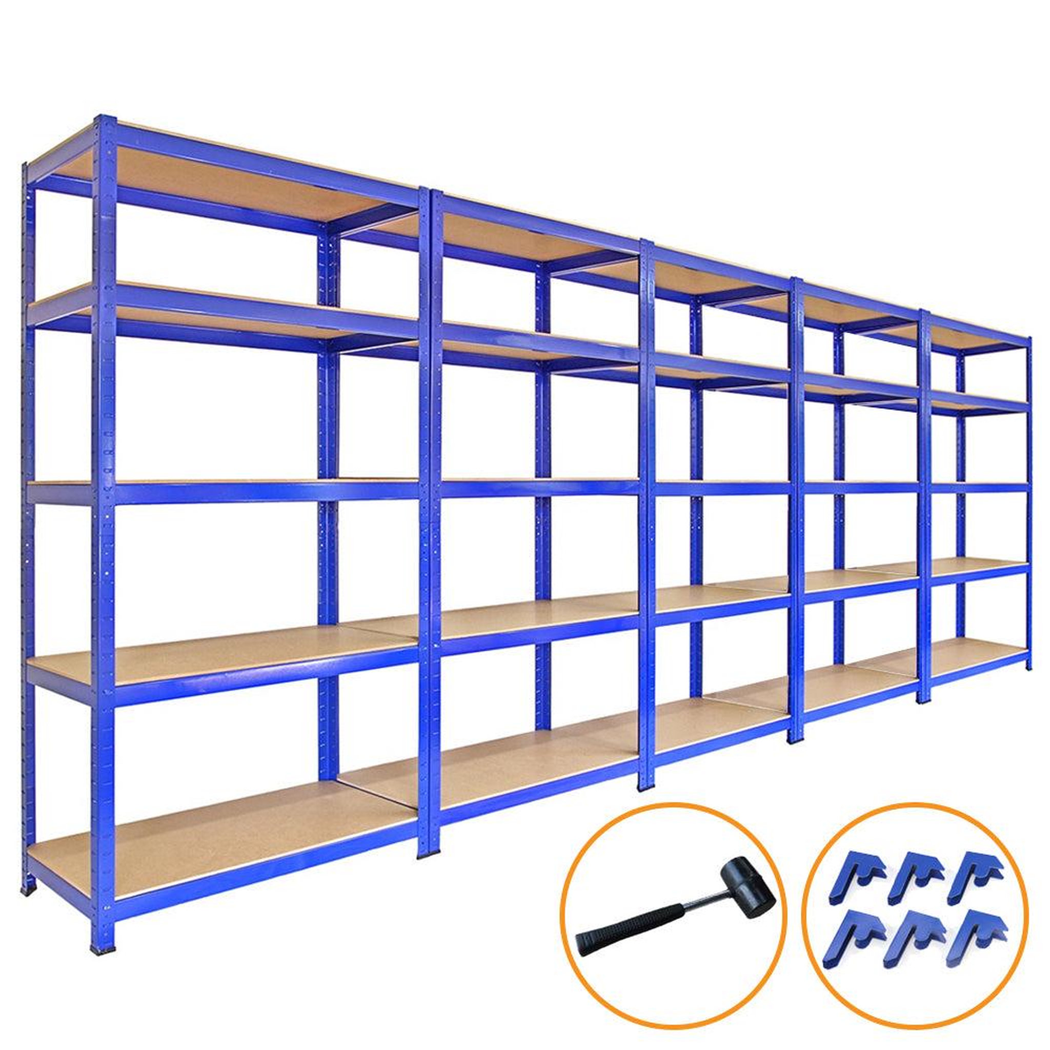 MONSTER RACKING Lot de 5 rayonnages t-rax en acier bleu 90cm x 45cm x 180cm, maillet & connecteurs de baies