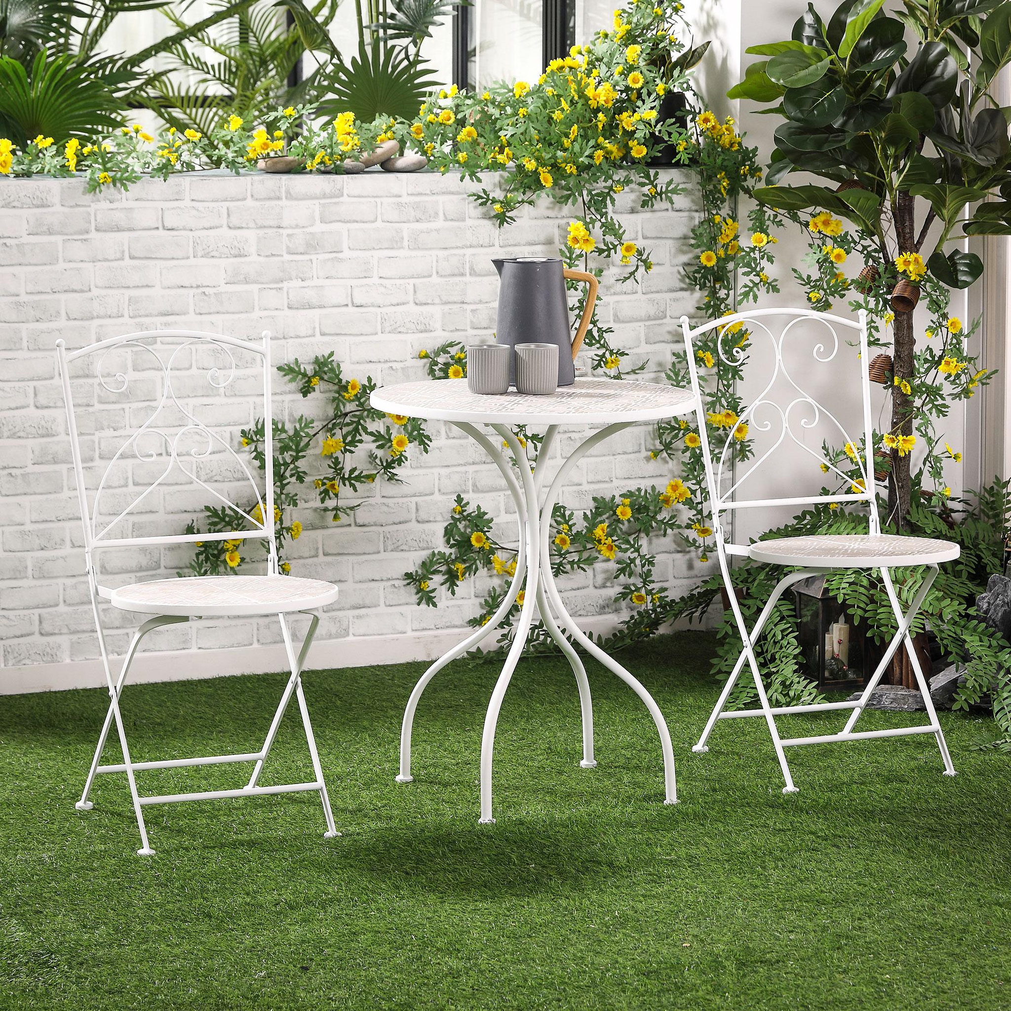Voir la diapositive 2 : OUTSUNNY Ensemble de jardin bistro 3 pièces 2 chaises pliantes et table ronde - métal époxy, plateau mosaïque - blanc