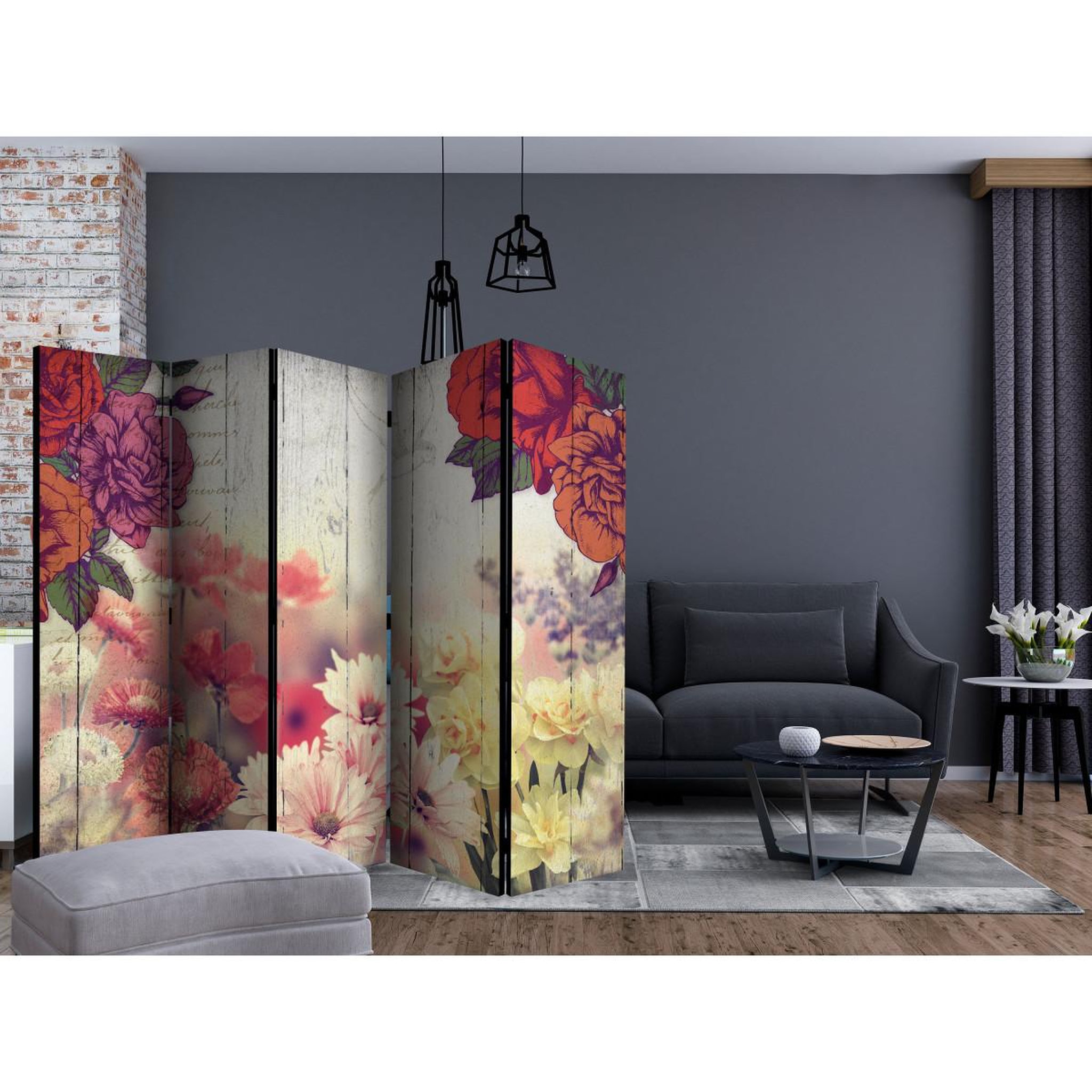 Voir la diapositive 2 : Paris Prix Paravent 5 volets  vintage flowers  172x225cm