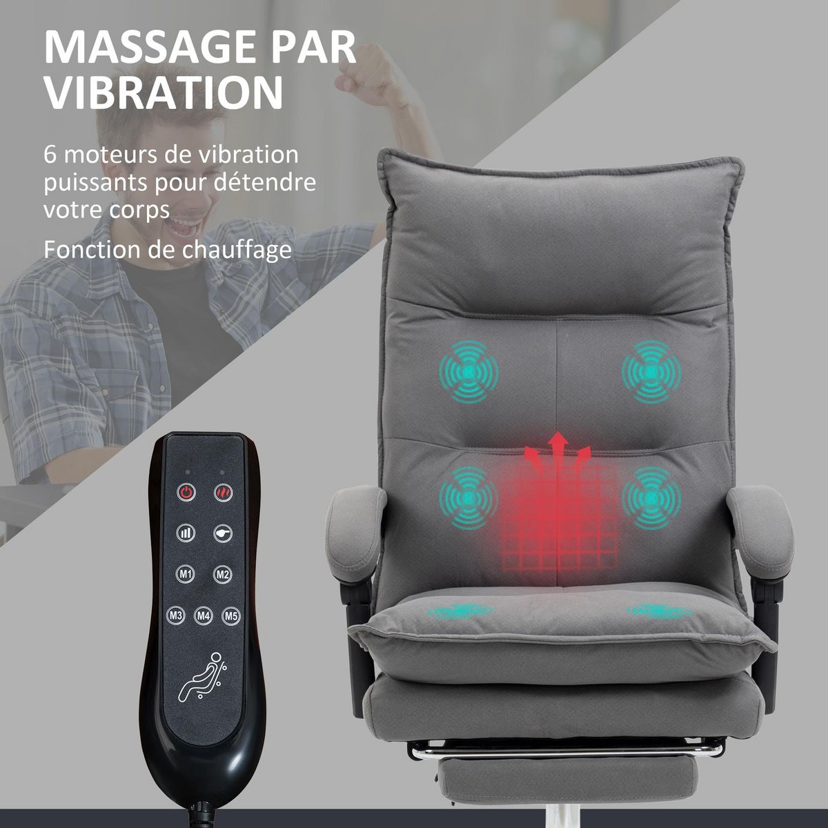 VINSETTO Fauteuil de bureau massant chauffant inclinable réglable repose-pieds rétractable microfibre gris