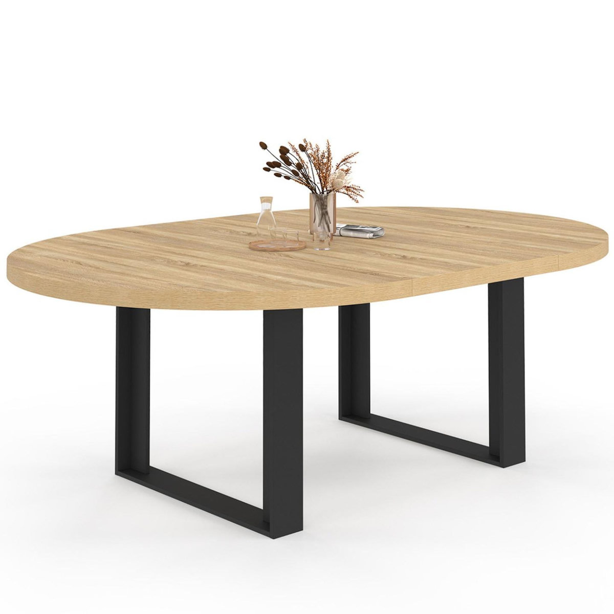 ID MARKET Table à manger extensible ronde PHOENIX 6-10 personnes bois et noir 140-200 cm