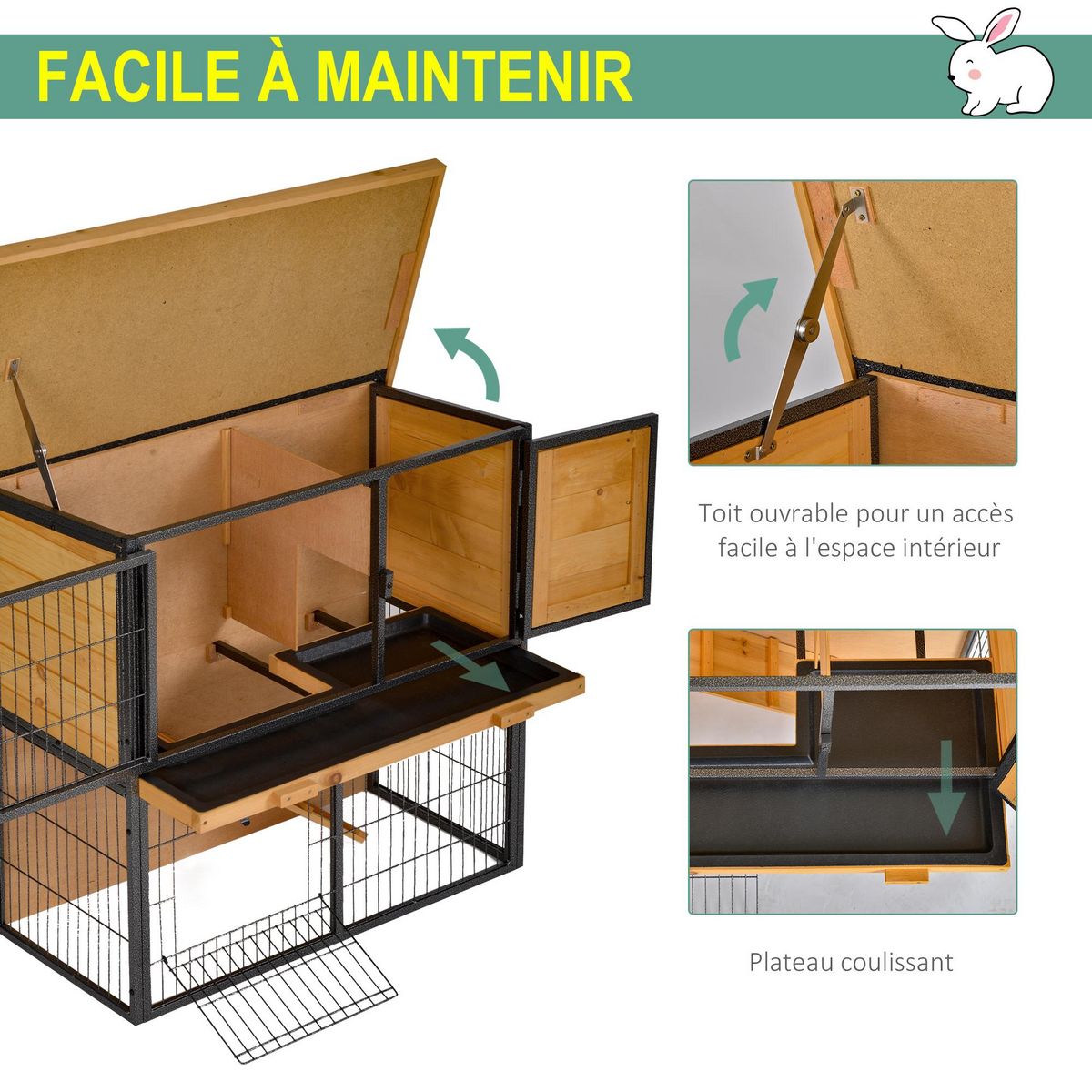 PAWHUT Clapier à lapin cage à lapin 2 niveaux 3 portes verrouillables rampe toit ouvrant bitûmé métal époxy pin pré-huilé