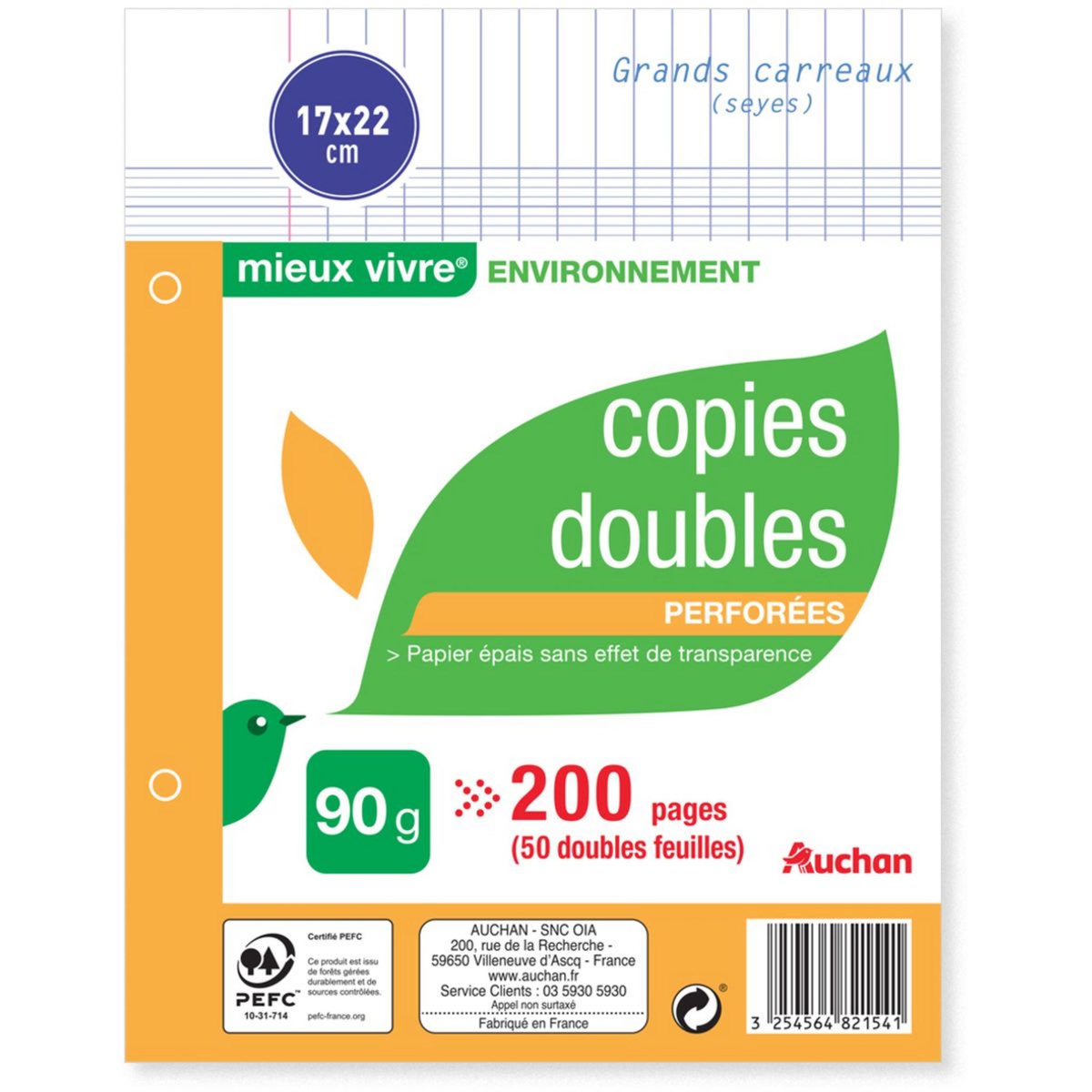 AUCHAN Copies doubles 200 pages 17x22cm grands carreaux Seyes perforées