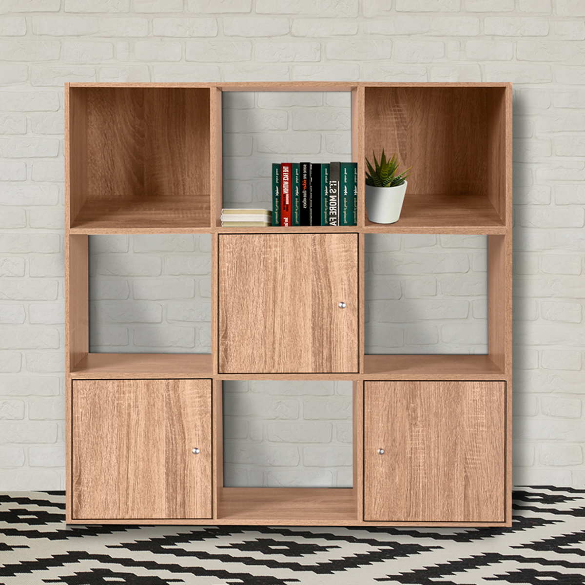 ID MARKET Meuble de rangement cube RUDY 9 cases bois façon hêtre avec 3 portes