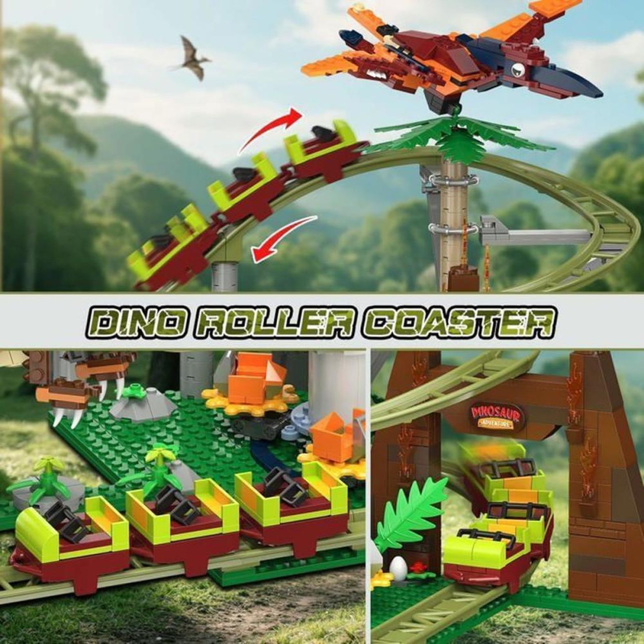 Voir la diapositive 4 : Kit de construction roller coaster dinosaures 1222 pièces, piste verte, 4 figurines et véhicules jungle