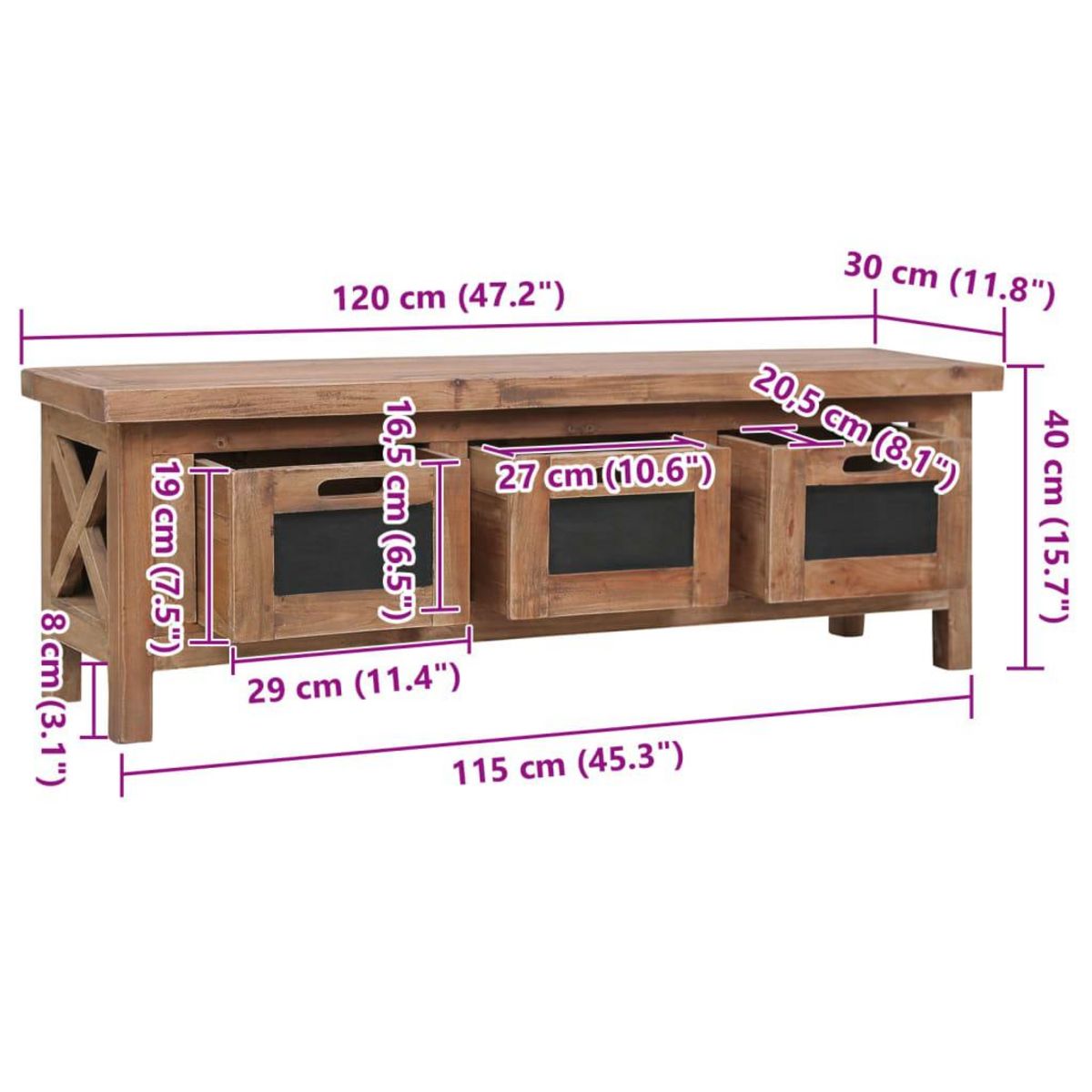 VIDAXL Meuble TV avec 3 tiroirs 120x30x40 cm Bois d'acajou massif