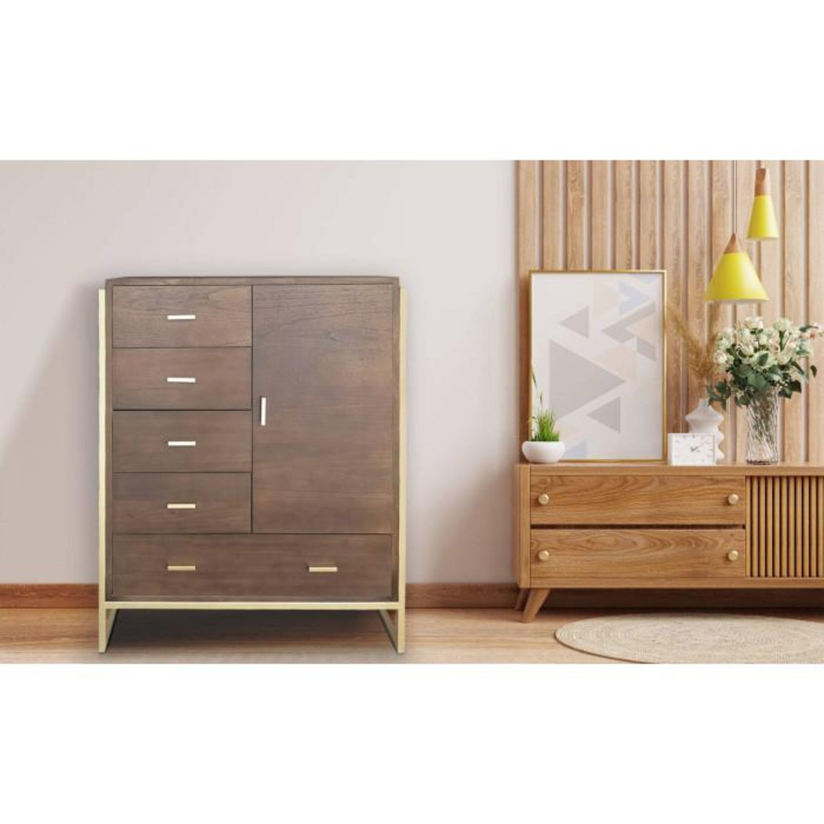 Paris Prix Buffet 5 Tiroirs & 1 Porte  Bynard  112cm Marron & Or