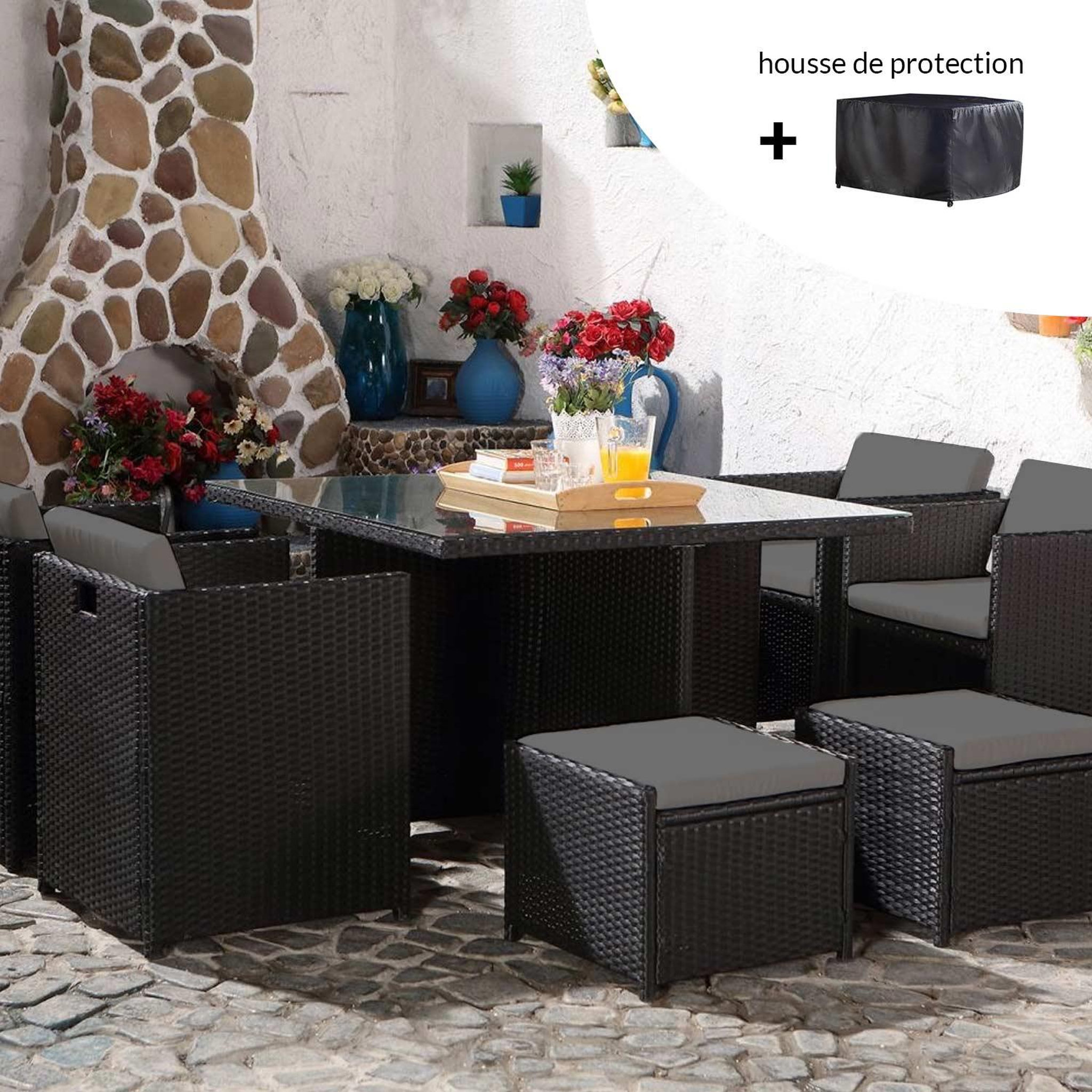 CONCEPT USINE Salon de jardin 8 places noir-gris + housse de protection miami