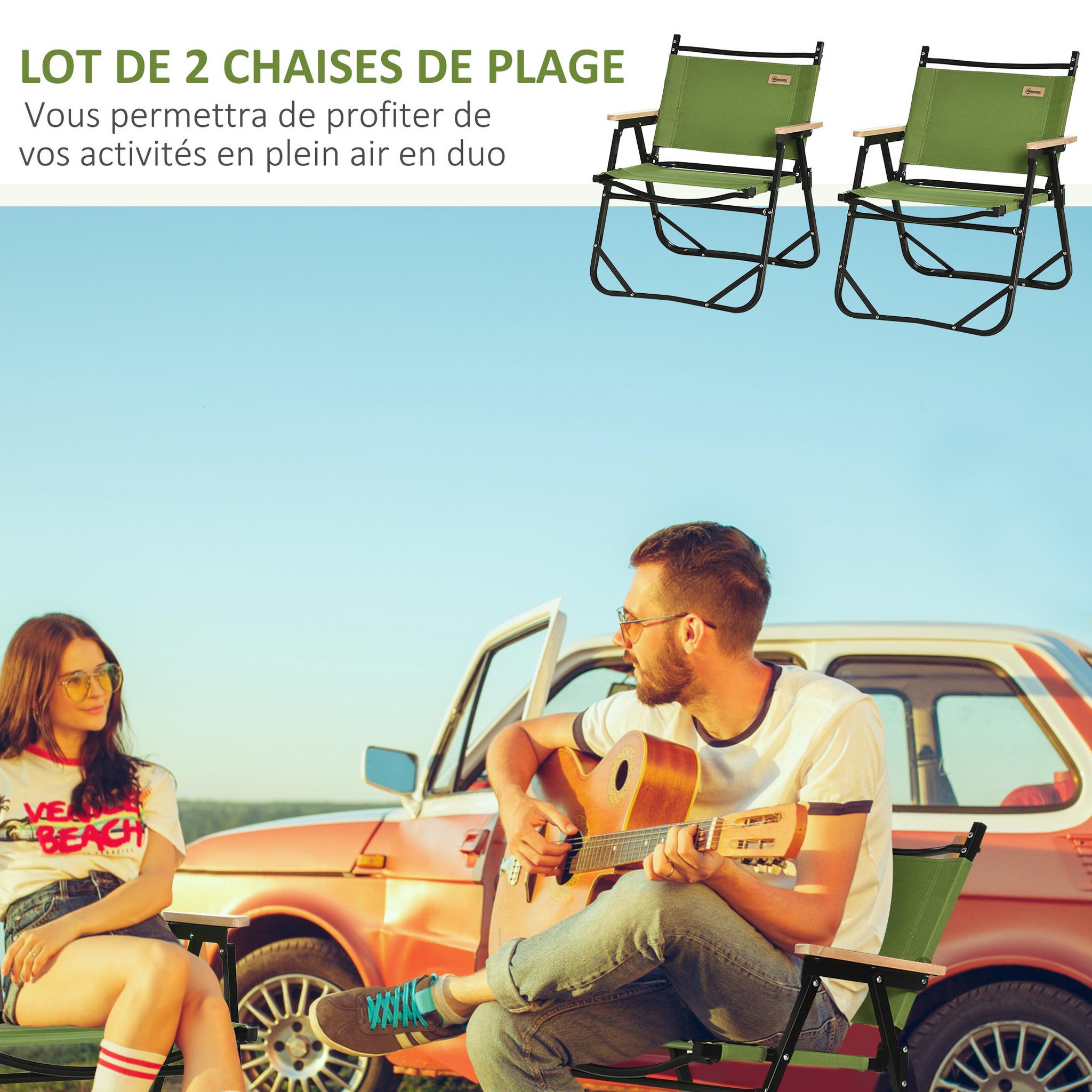 Voir la diapositive 4 : OUTSUNNY Lot de 2 chaises de plage camping pliantes - structure en aluminium avec sac de transport - dim. 55L x 55l x 66H cm vert