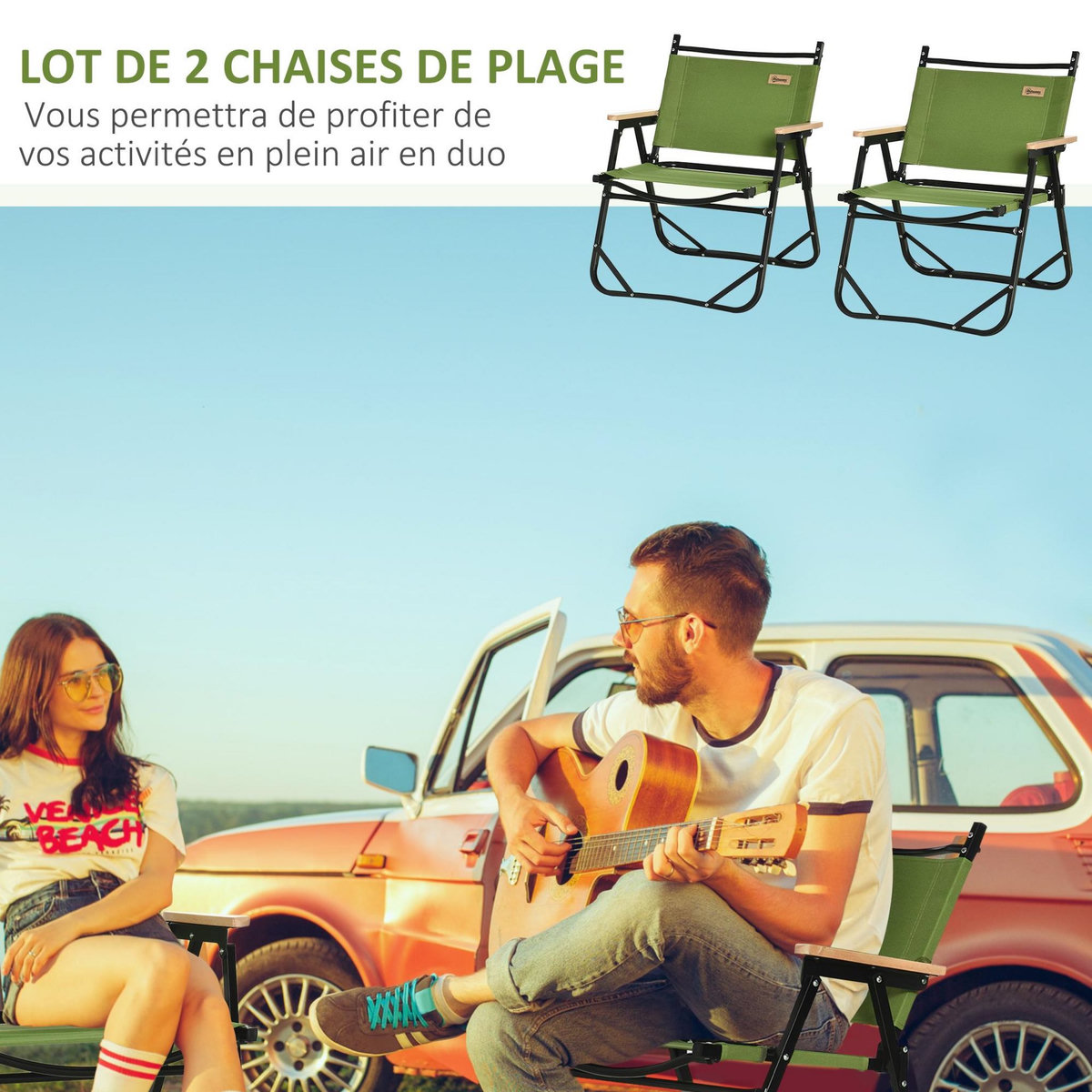 OUTSUNNY Lot de 2 chaises de plage camping pliantes - structure en aluminium avec sac de transport - dim. 55L x 55l x 66H cm vert