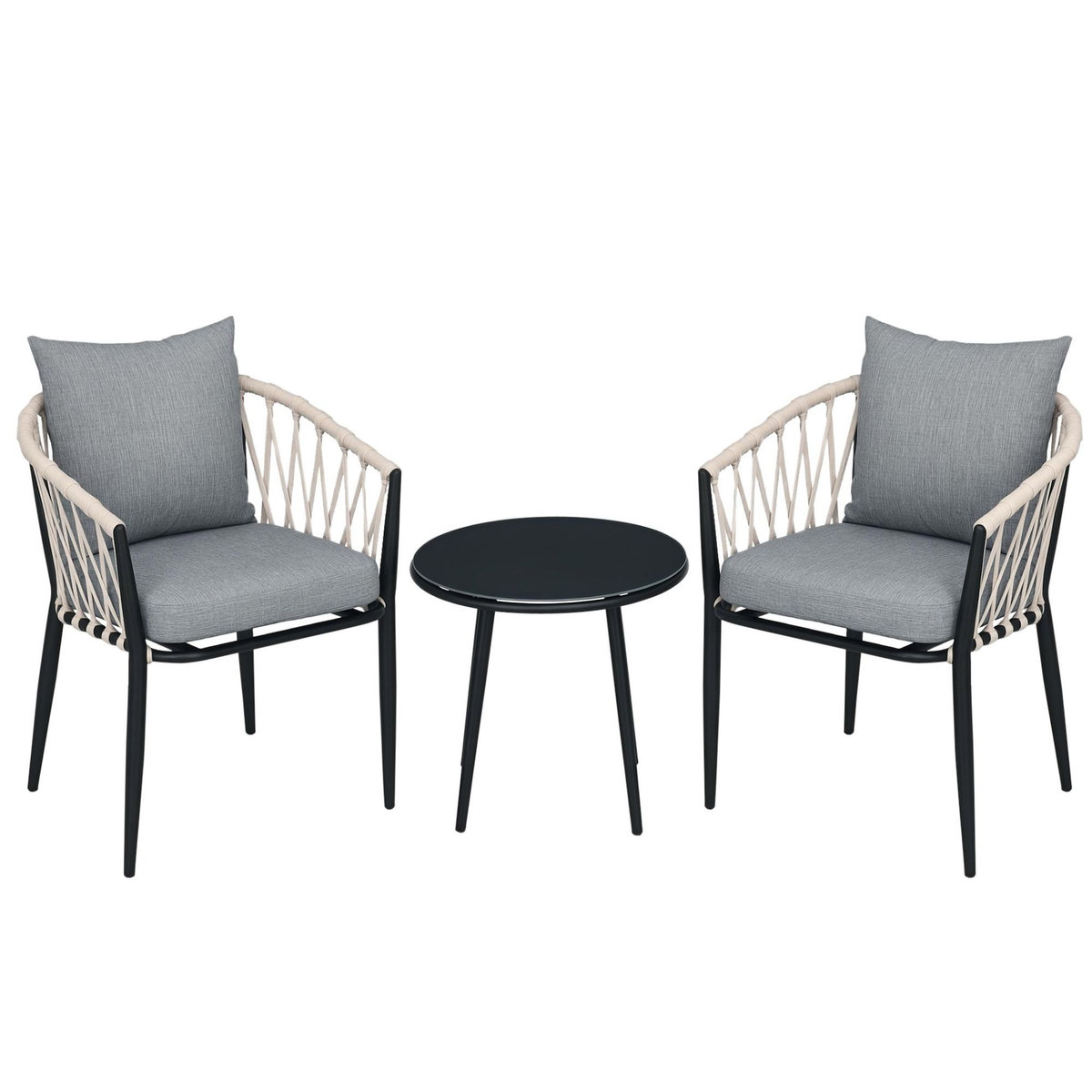 OUTSUNNY Salon de jardin 2 personnes 3 pièces 2 fauteuils avec coussins table basse ronde plateau verre trempé corde tressée métal gris