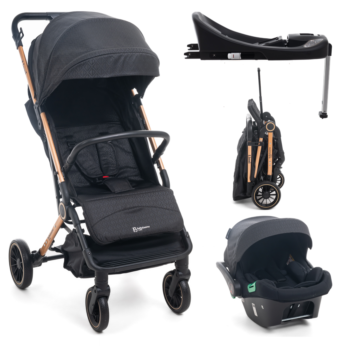 BEBELISSIMO Poussette combinée duo 2 en 1 - siège auto 0+ Lioni – dès la naissance – jusqu'à 22kg - noir - base ISOFIX - jambe de force