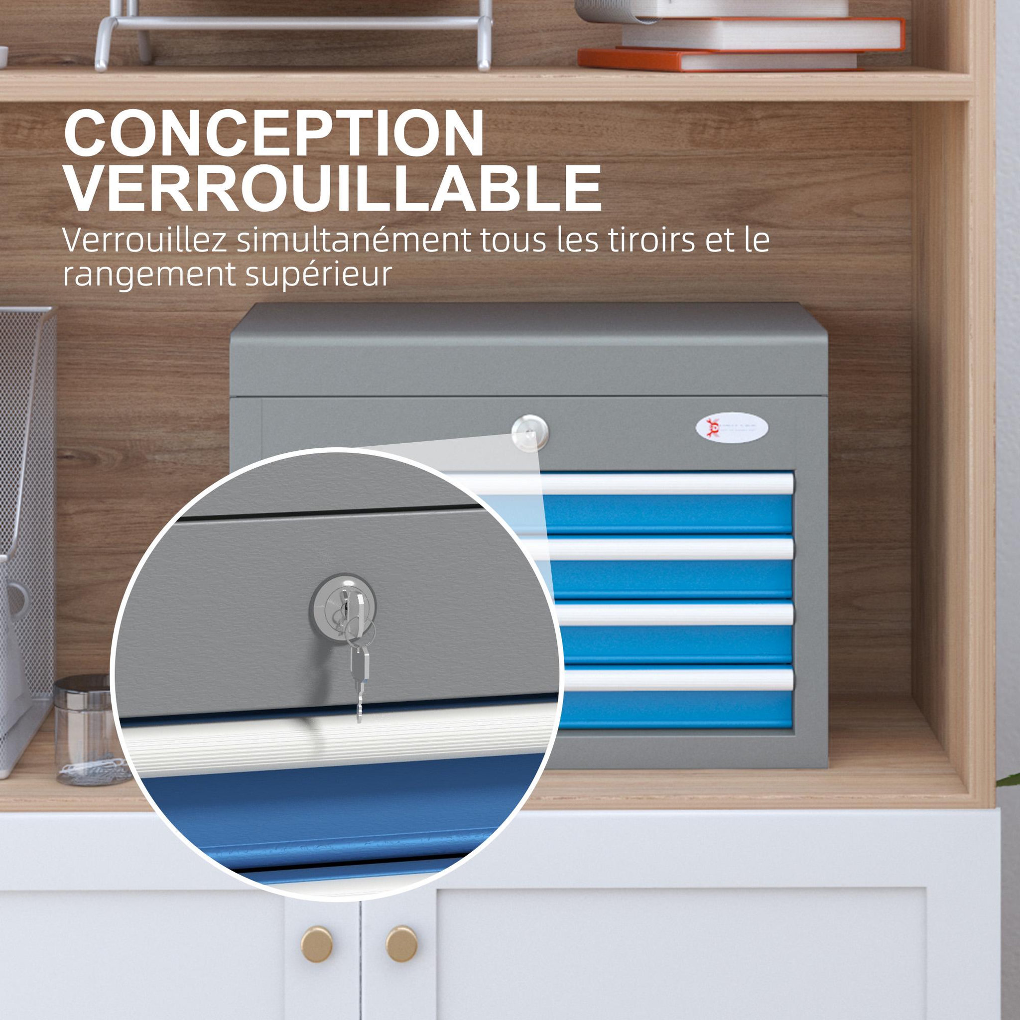 Voir la diapositive 5 : HOMCOM Boite à outils métallique caisse à outils - 4 tiroirs + plateau verrouillables - tapis eva poignées tôle acier gris bleu