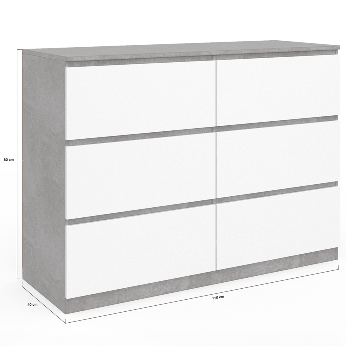 ID MARKET Commode 6 tiroirs TOMI 110 cm blanc et effet béton