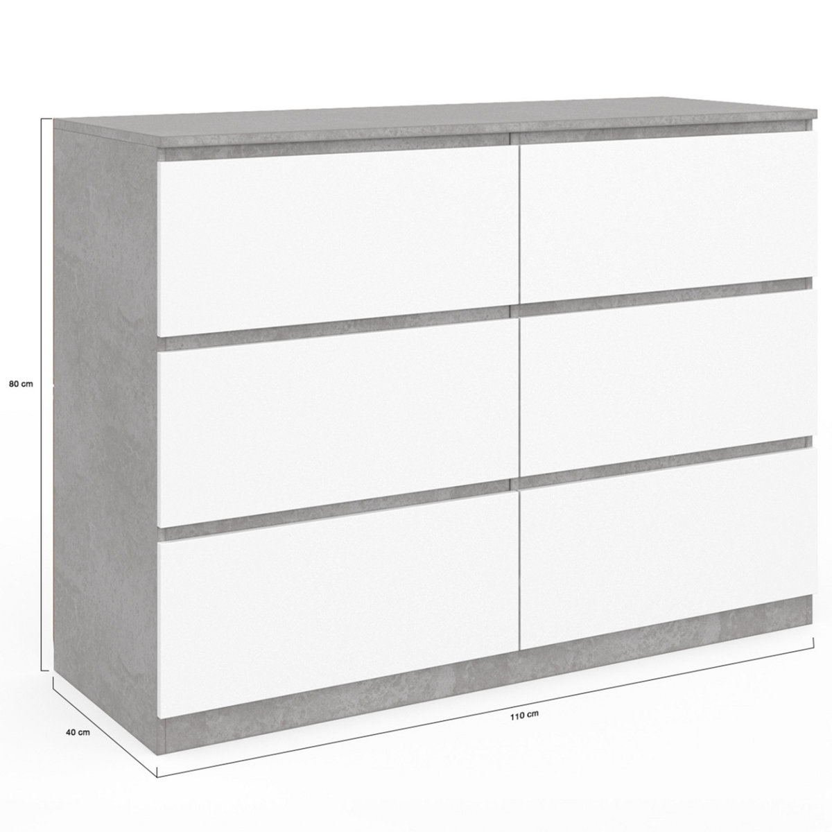 ID MARKET Commode 6 tiroirs TOMI 110 cm blanc et effet béton