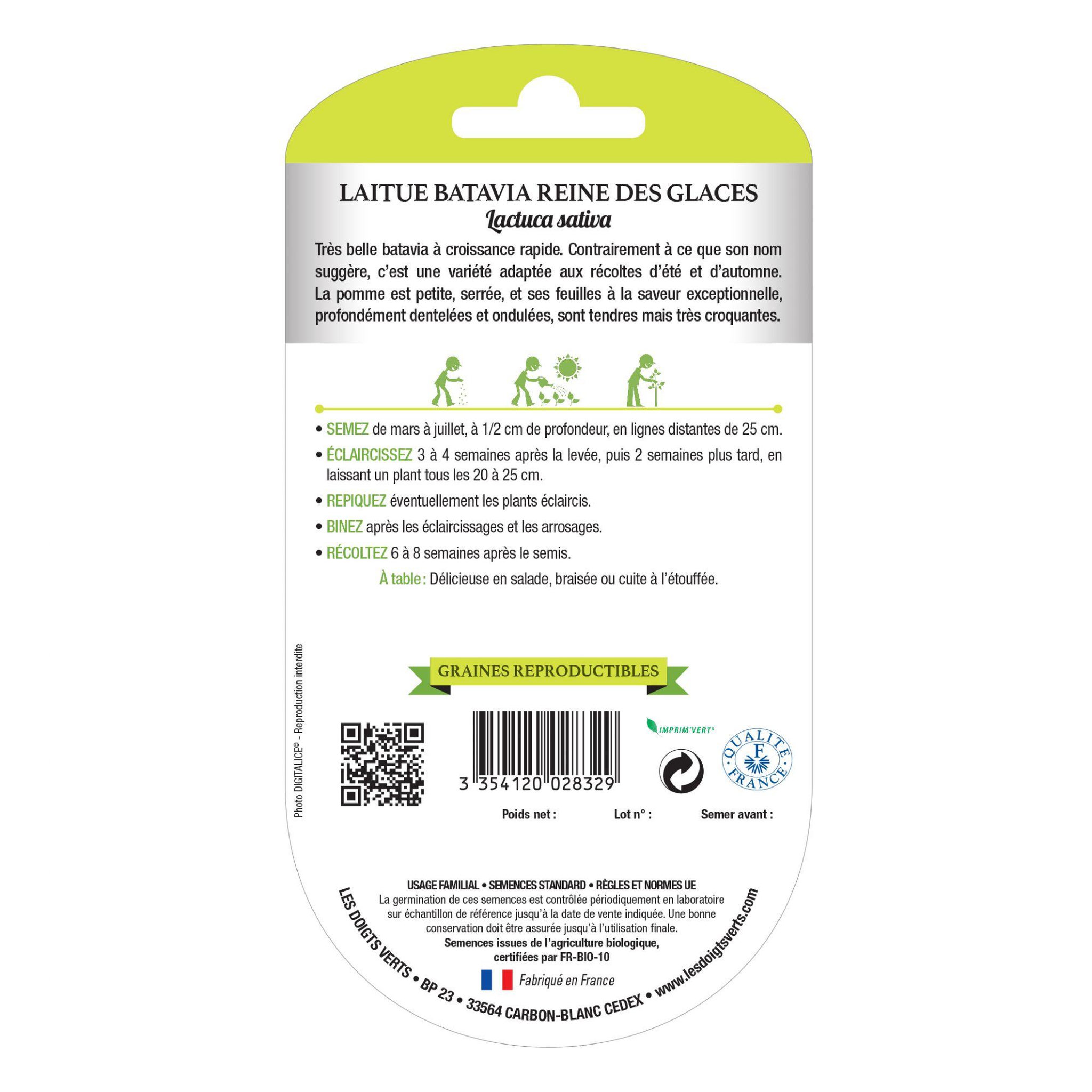 Voir la diapositive 2 : LES DOIGTS VERTS Graines laitue batavia reine des glaces BIO Les Doigts Verts