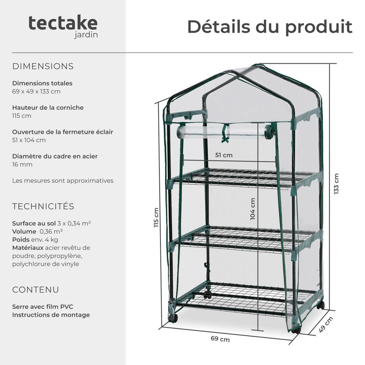 tectake Serre de balcon 0,36 m³ sur roulettes blanc transparent