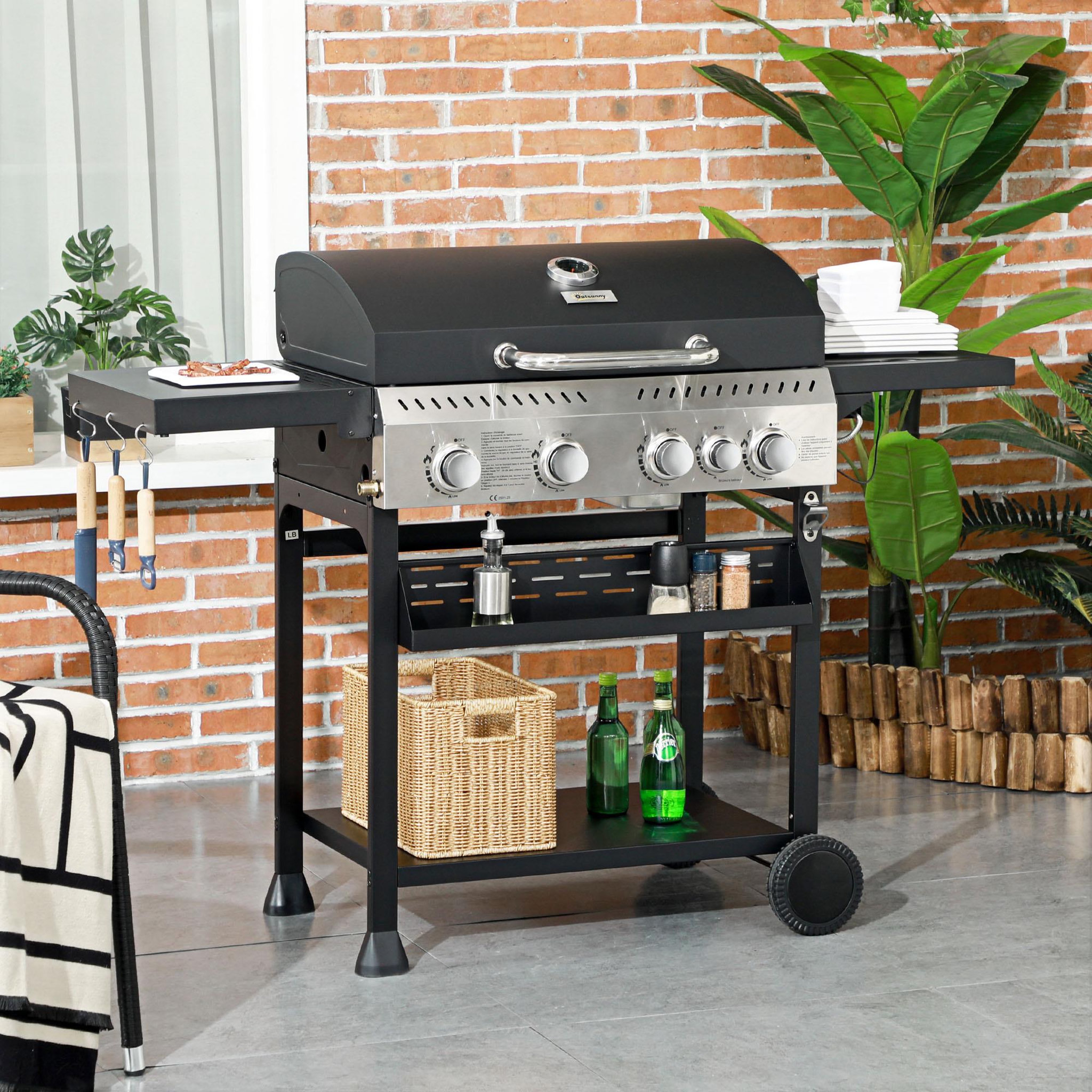 Voir la diapositive 2 : OUTSUNNY Barbecue à gaz 4+1 - 12,5 kW - 2 roues, étagères, thermomètre, décapsuleur, crochets - acier inox noir