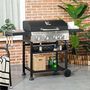 Voir la diapositive 2 : OUTSUNNY Barbecue à gaz 4+1 - 12,5 kW - 2 roues, étagères, thermomètre, décapsuleur, crochets - acier inox noir