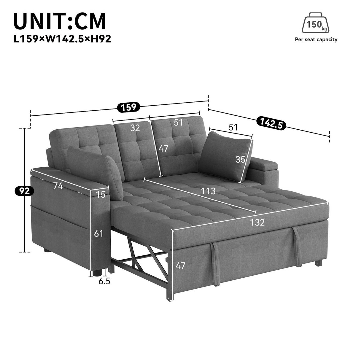 MERAX Canapé droit convertible 2 places coton et lin