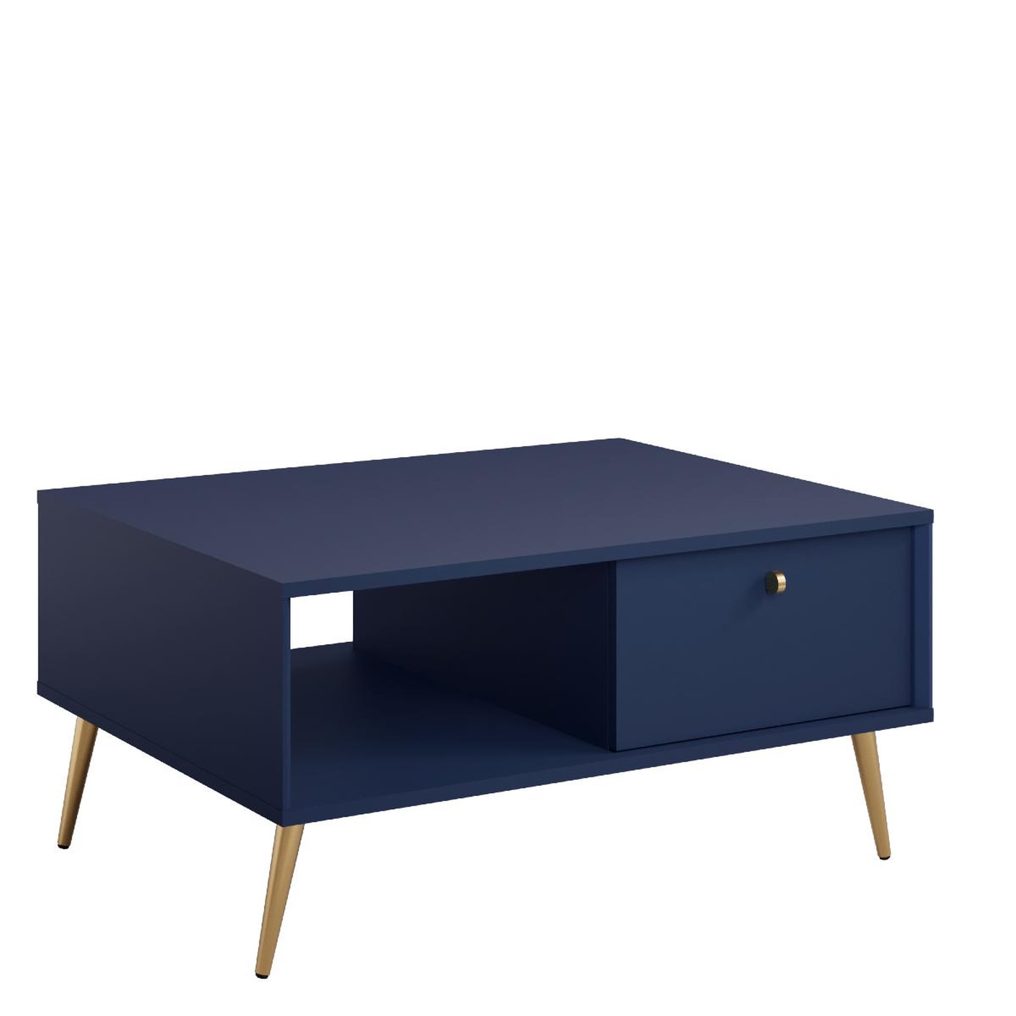JLC KREATION Table basse avec tiroir bleu et pied doré ezia
