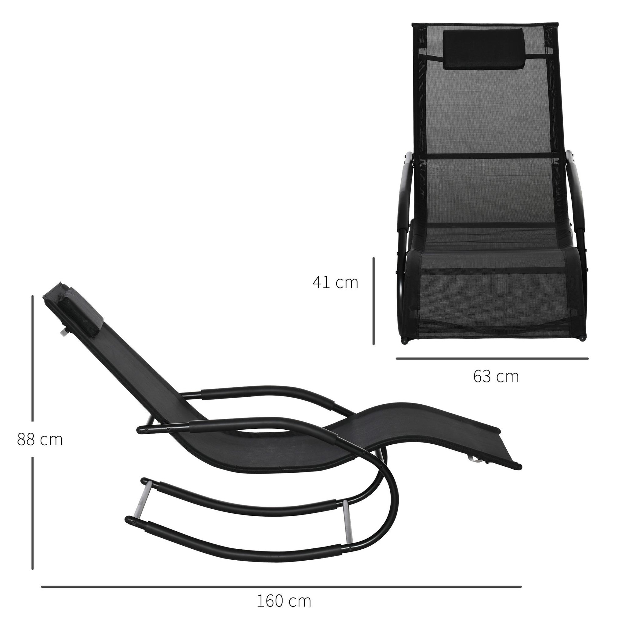 Voir la diapositive 3 : OUTSUNNY Chaise longue à bascule - rocking chair design - tétière, accoudoirs, assise dossier ergonomique - métal époxy textilène noir