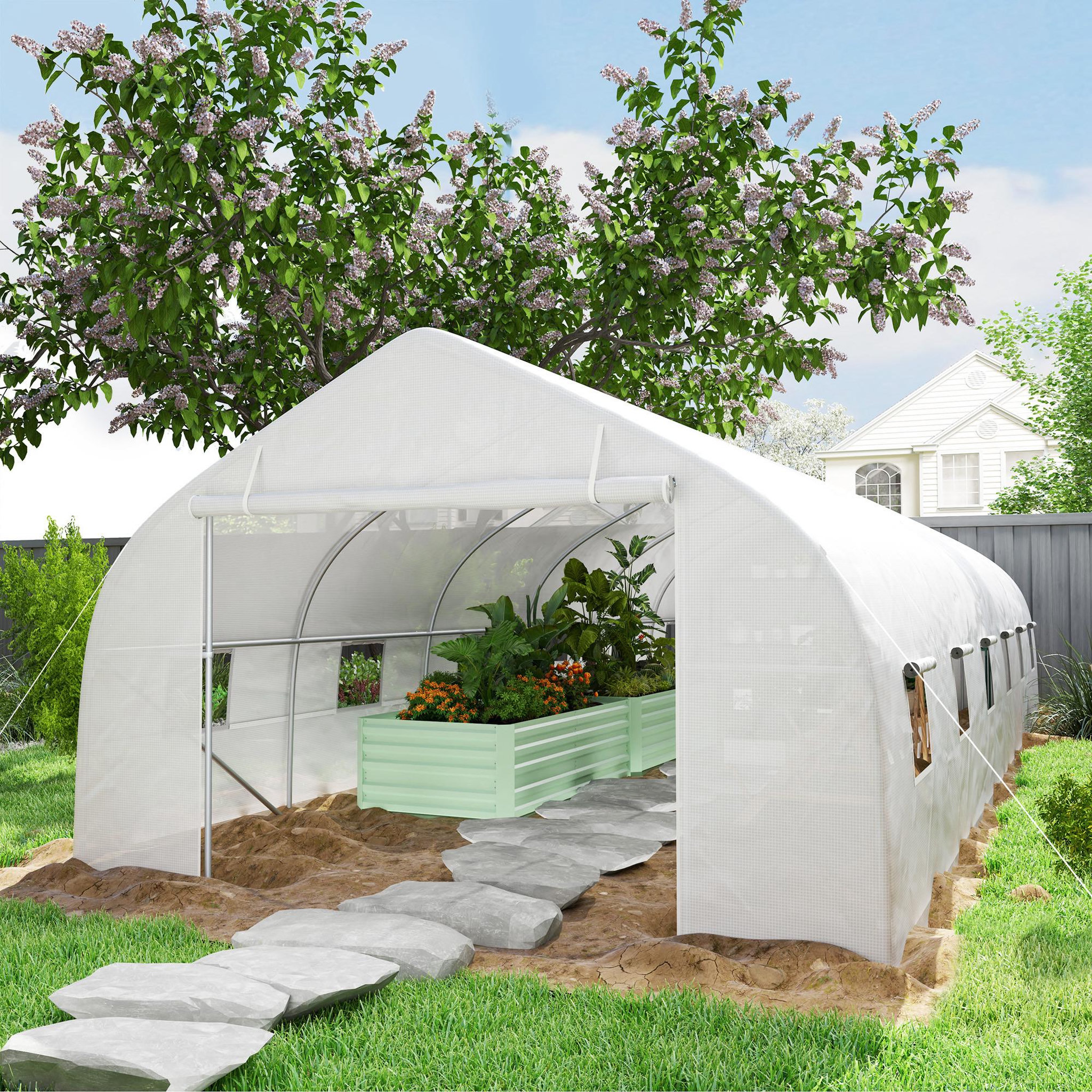 Voir la diapositive 2 : OUTSUNNY Serre tunnel grande taille 24 m² châssis tubulaire acier galvanisé renforcé 2,4 cm 12 fenêtres 1 porte blanc