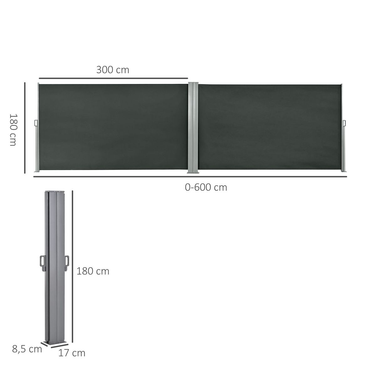 OUTSUNNY Double store latéral brise-vue paravent rétractable dim. 6L x 1,60H m polyester anti-UV haute densité gris