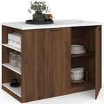 ID MARKET Ilot central TIBO 120 cm bois foncé effet noyer avec plan de travail effet marbre ALASKA