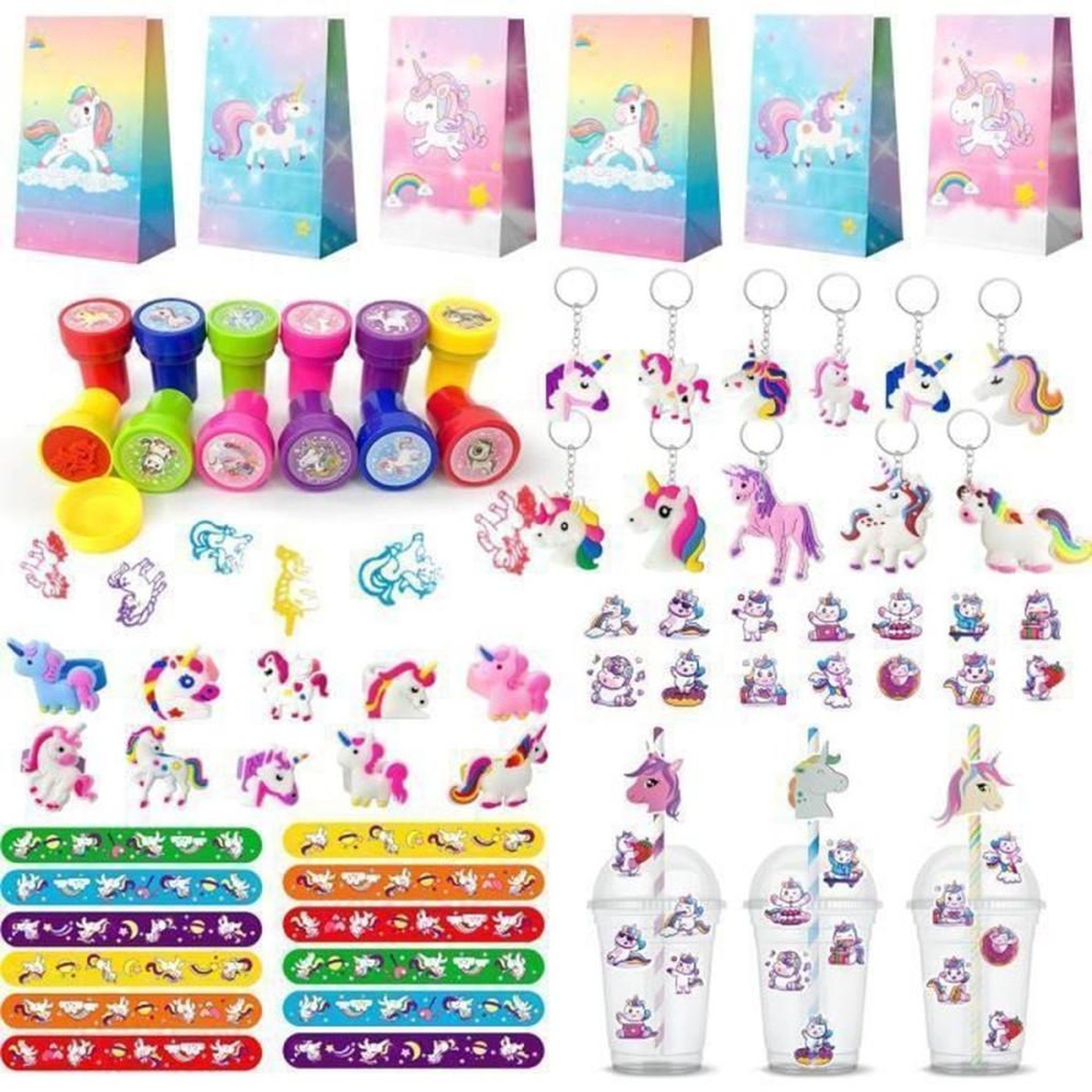 Kit décoration anniversaire licorne avec bracelets claque, sacs, bagues, porte-clés, tampons et autocollants