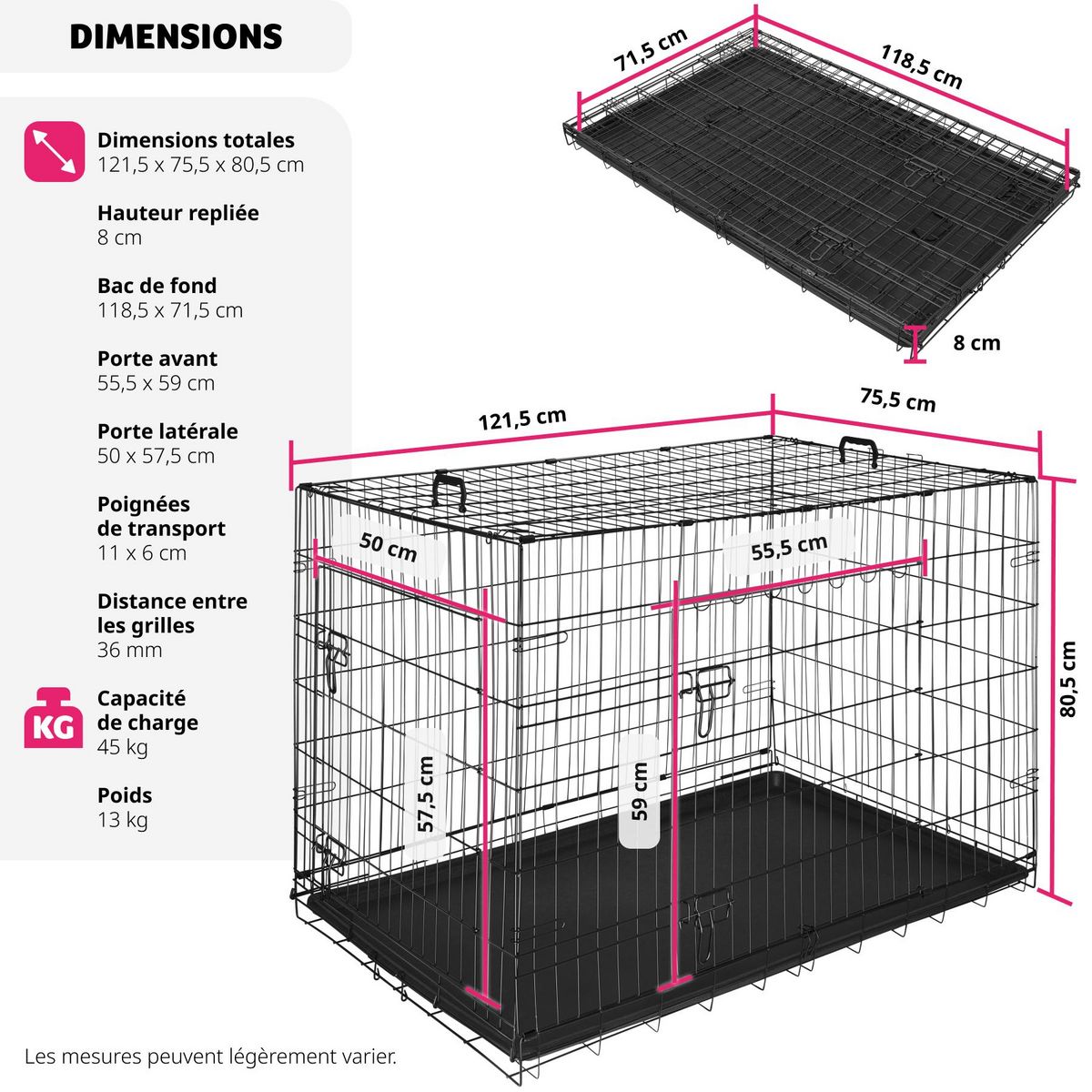 tectake Caisse grillagée pour chien pliable avec 2 poignées de transport noir
