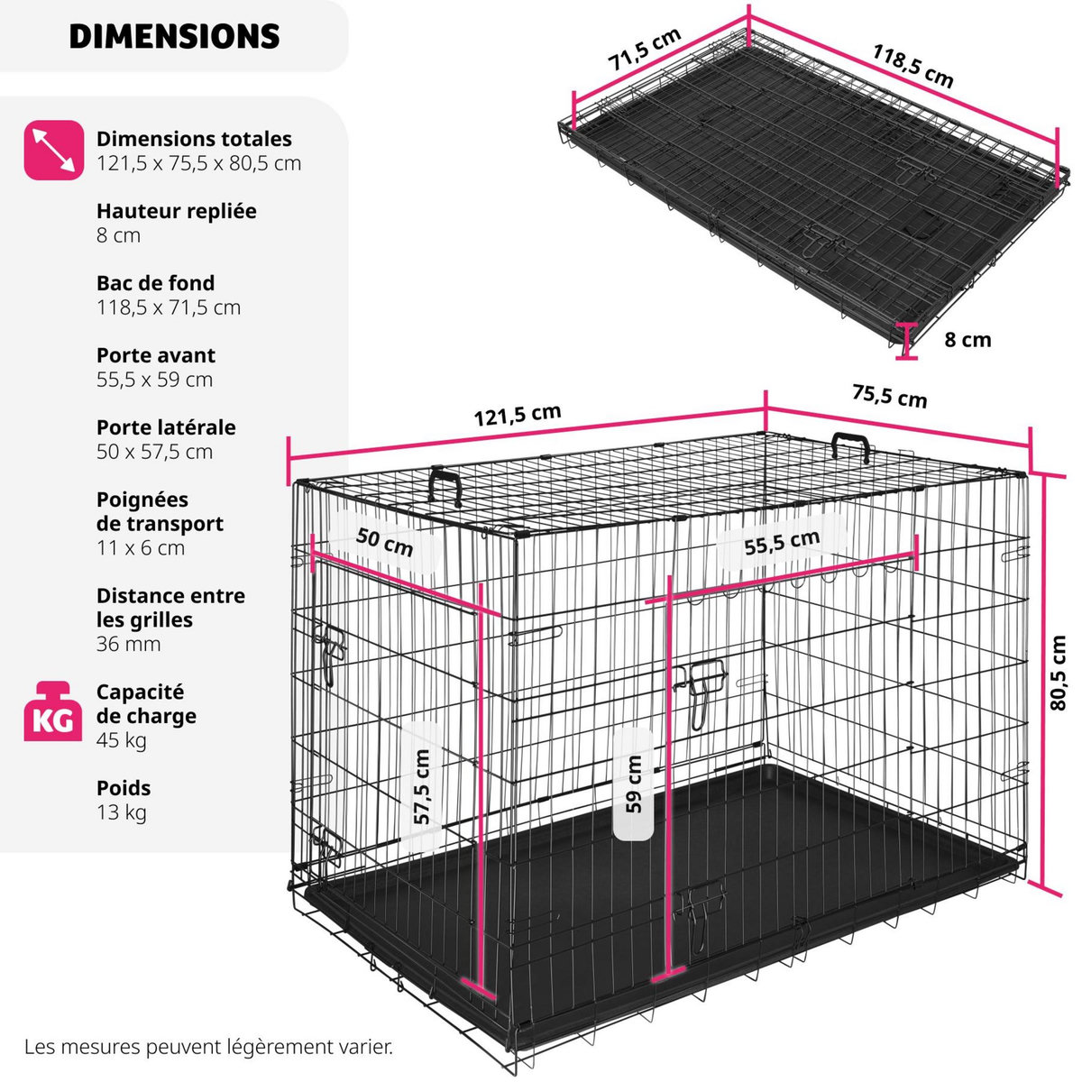 tectake Caisse grillagée pour chien pliable avec 2 poignées de transport noir
