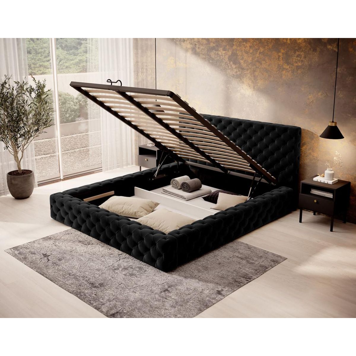 BEST MOBILIER Christiana - lit coffre - 160x200 - sommier inclus - en velours