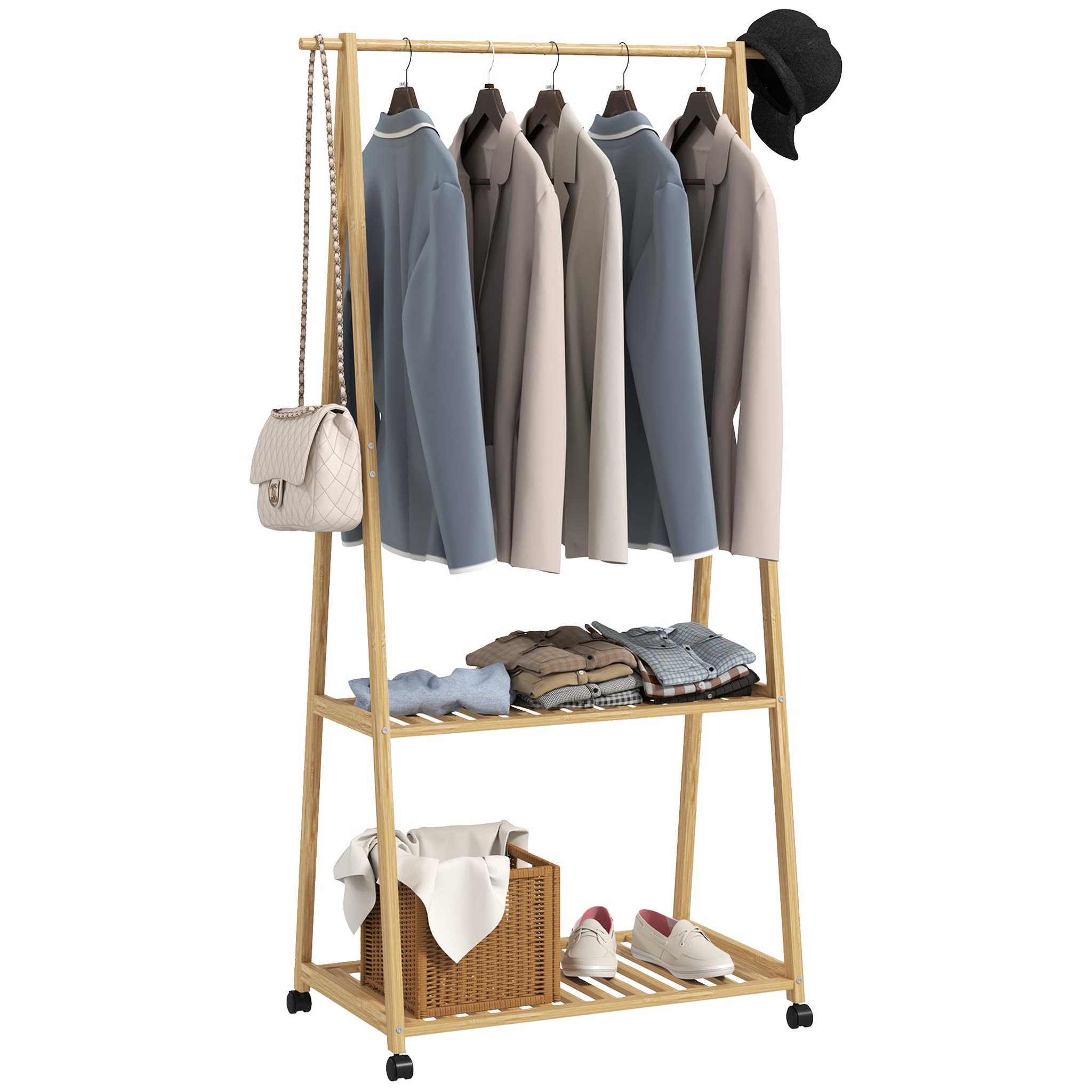 HOMCOM Portant penderie à vêtements en bambou mobile 4 roulettes 2 étagères dim. 84,5l x 43,5l x 158h cm